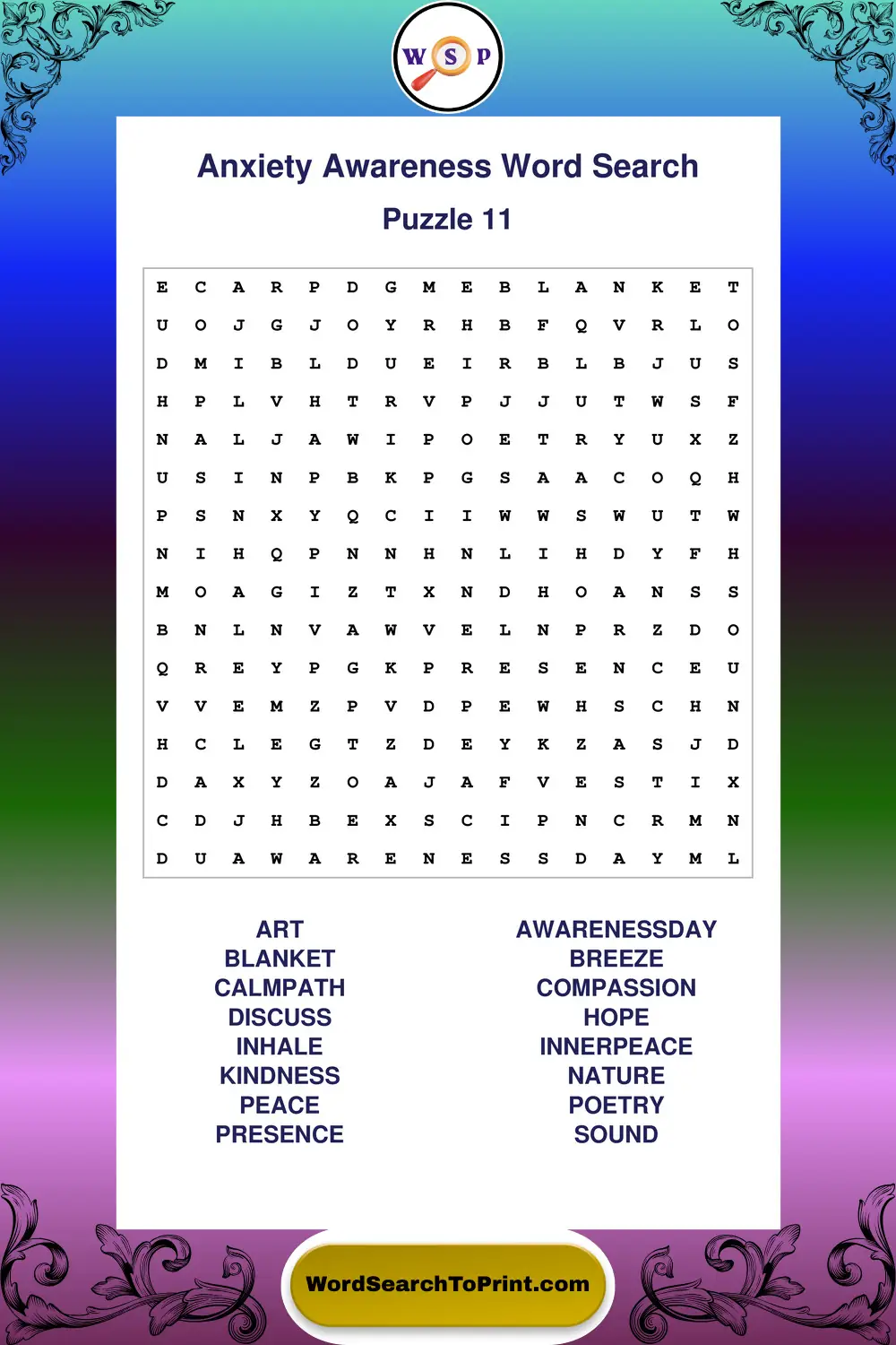 Anxiety Awareness Word Search Puzzle 11