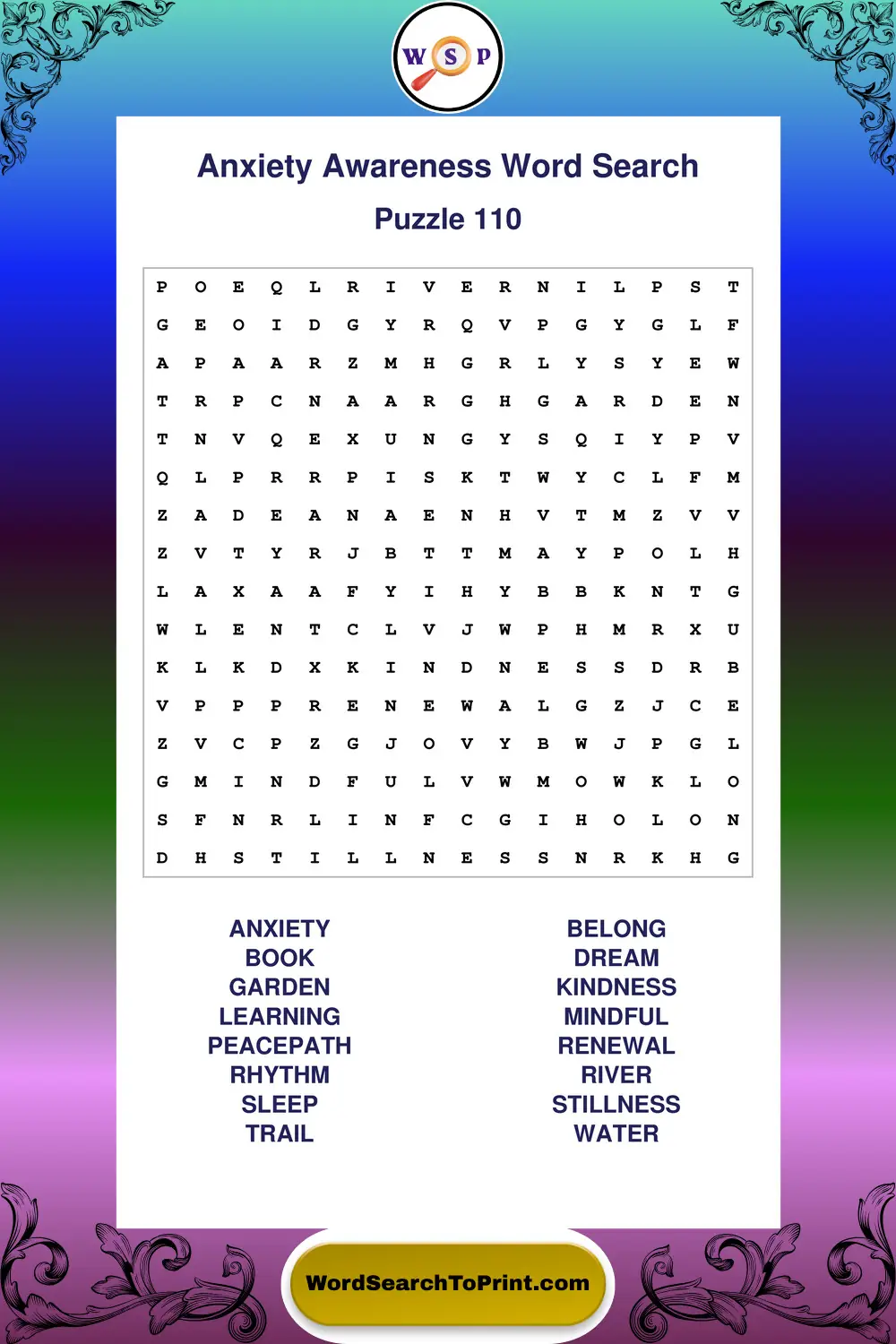 Anxiety Awareness Word Search Puzzle 110