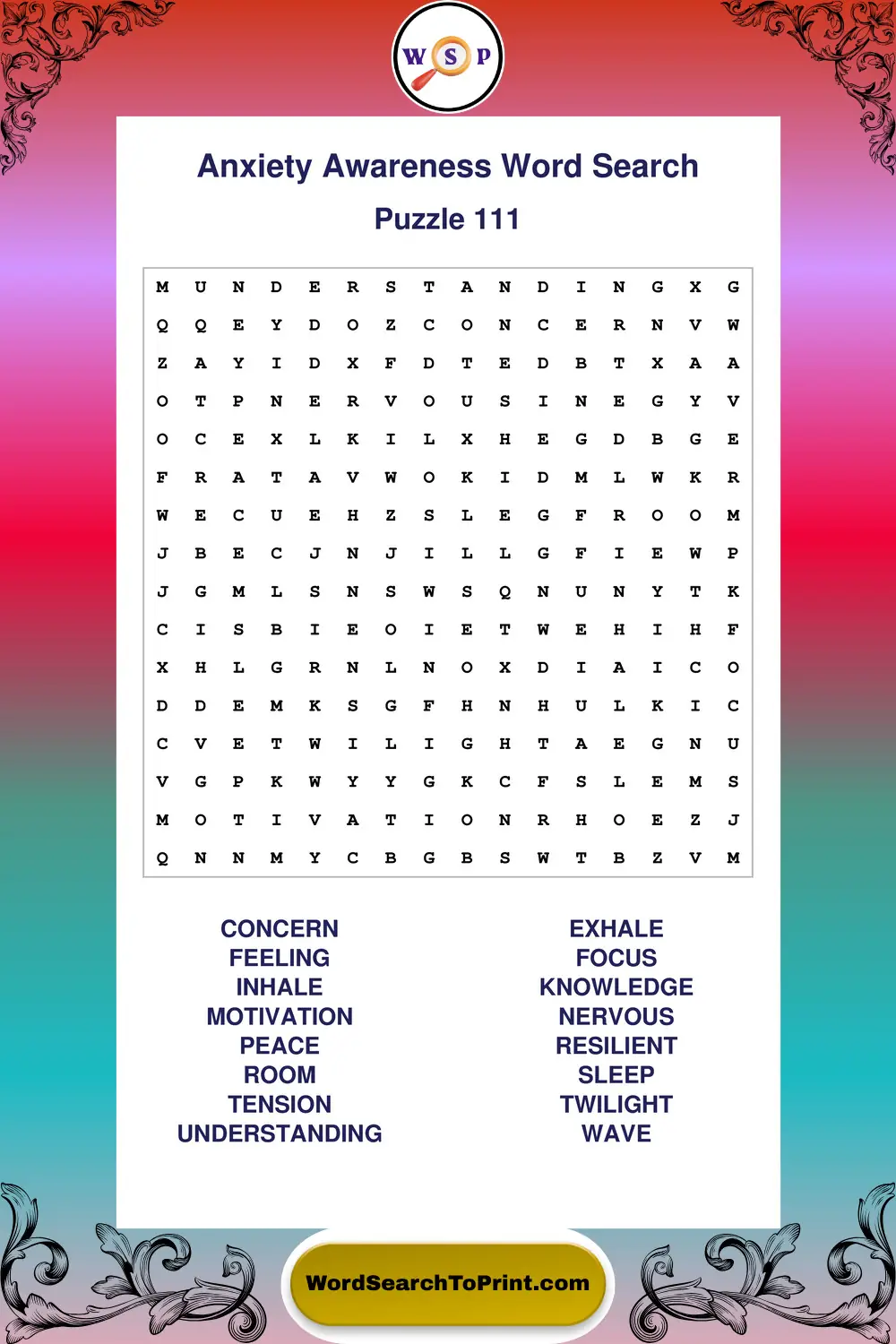 Anxiety Awareness Word Search Puzzle 111
