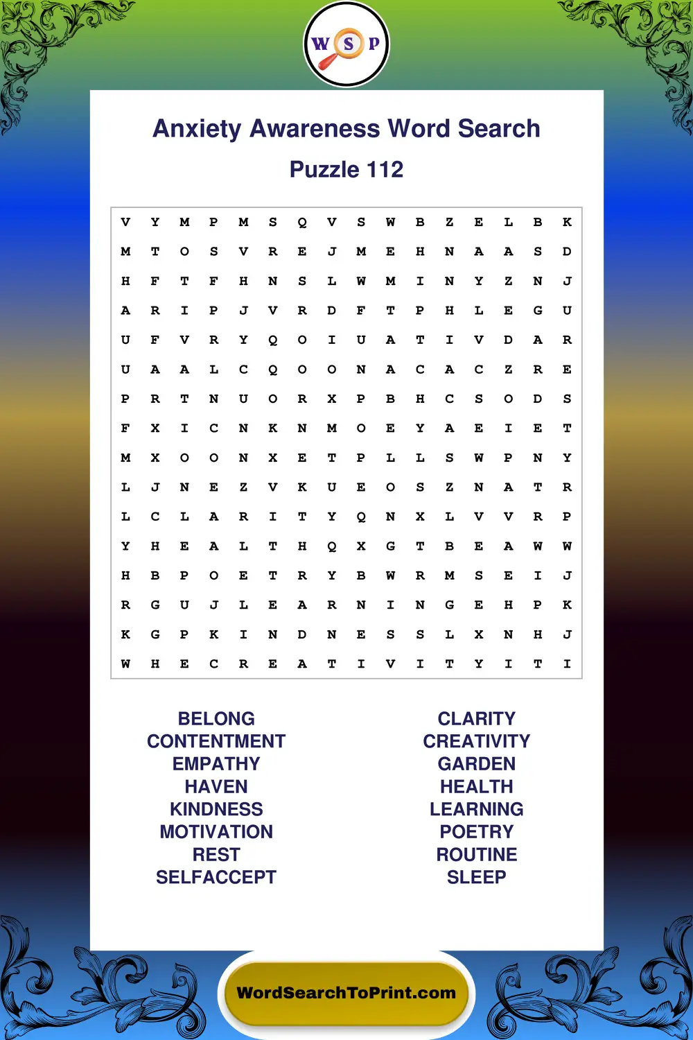 Anxiety Awareness Word Search Puzzle 112