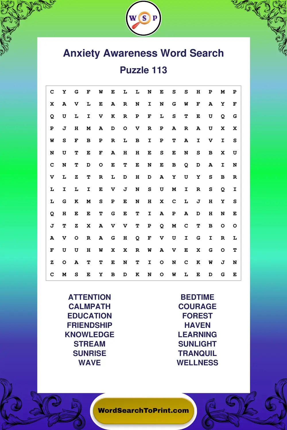 Anxiety Awareness Word Search Puzzle 113