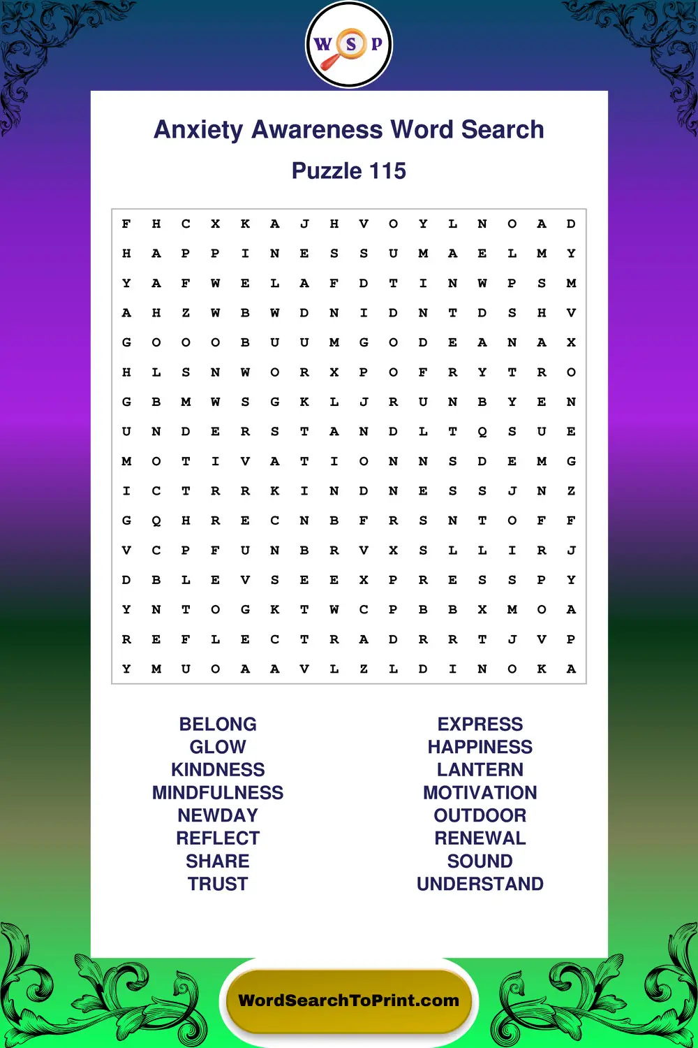 Anxiety Awareness Word Search Puzzle 115