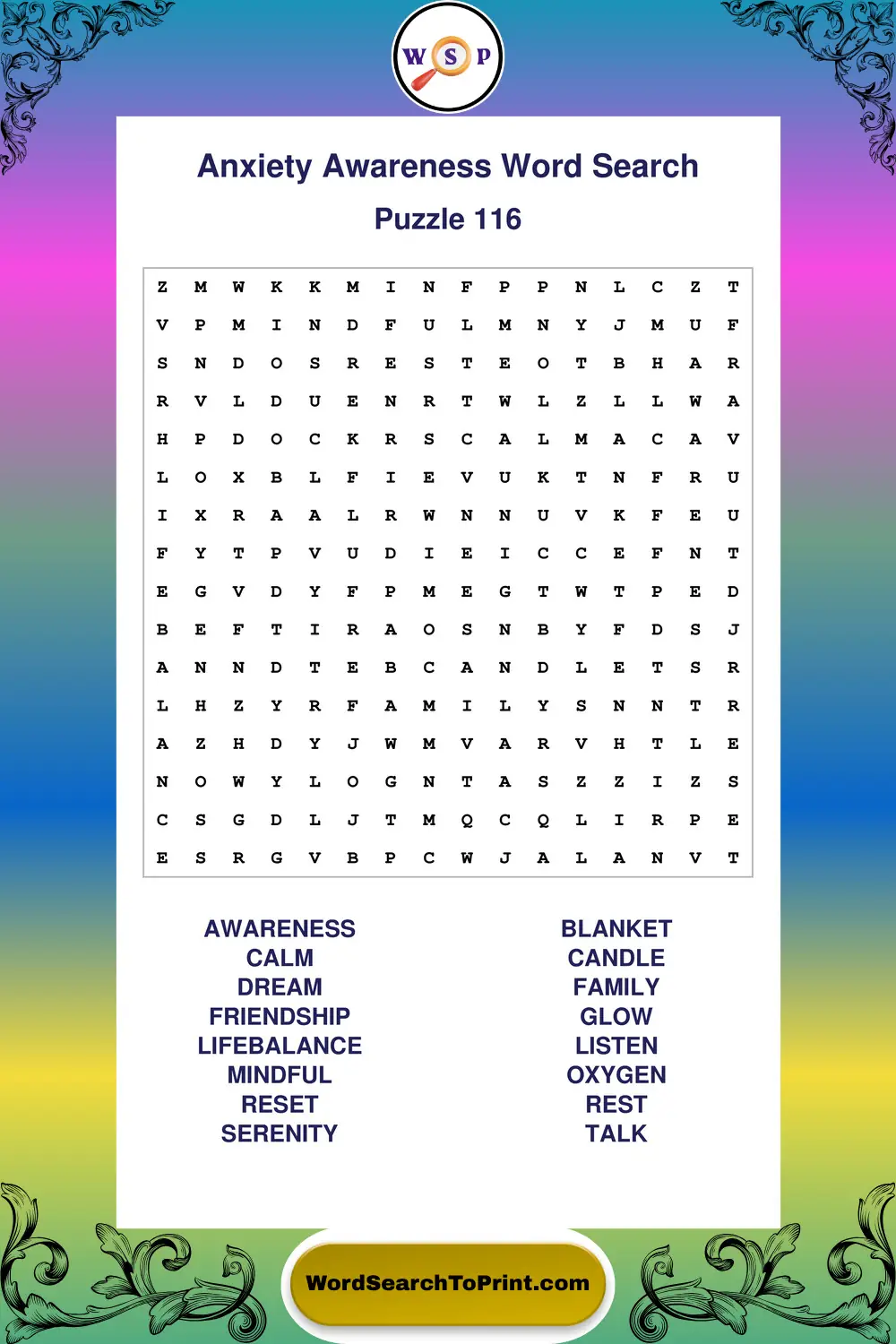Anxiety Awareness Word Search Puzzle 116