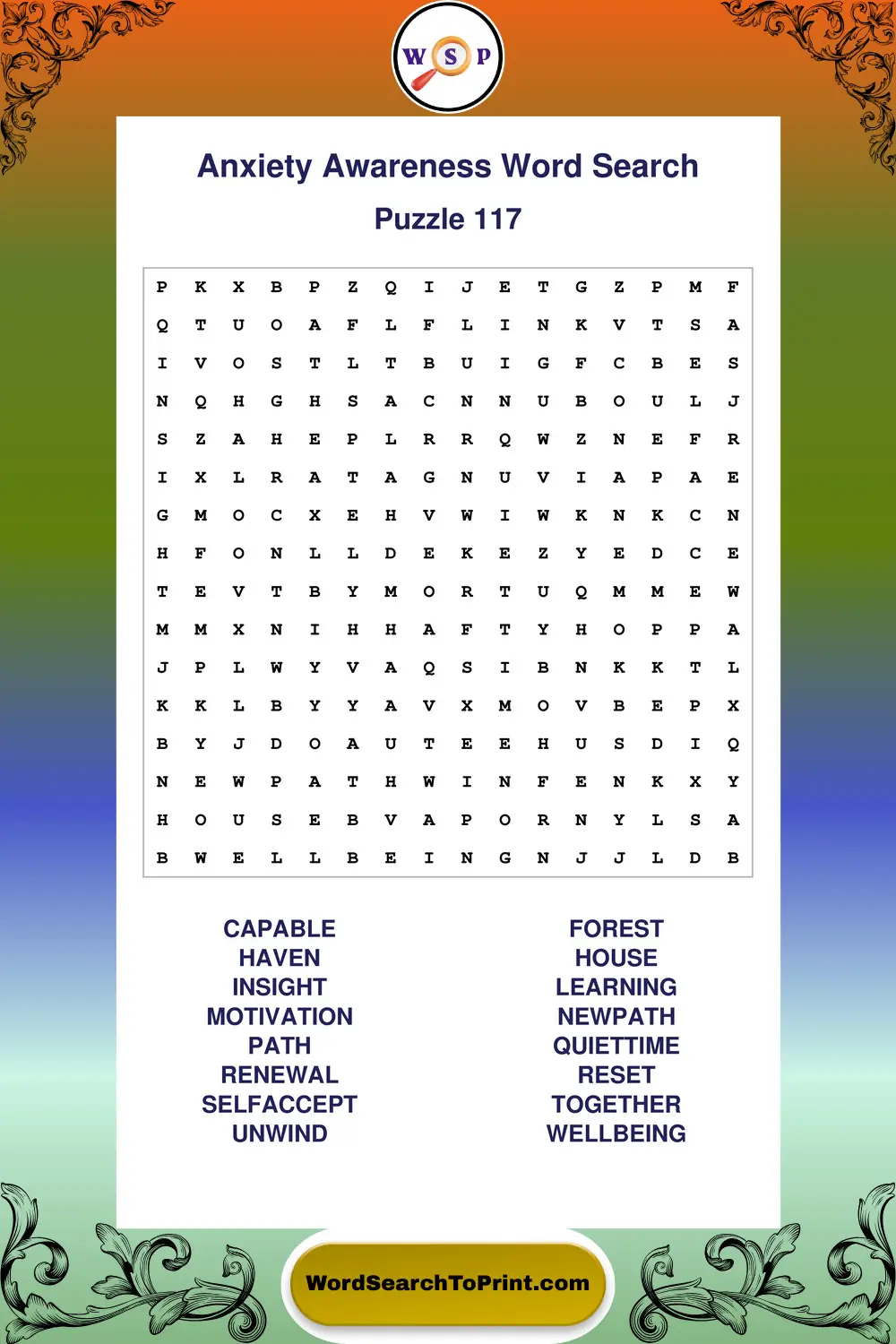 Anxiety Awareness Word Search Puzzle 117