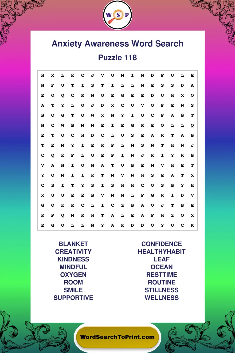 Anxiety Awareness Word Search Puzzle 118