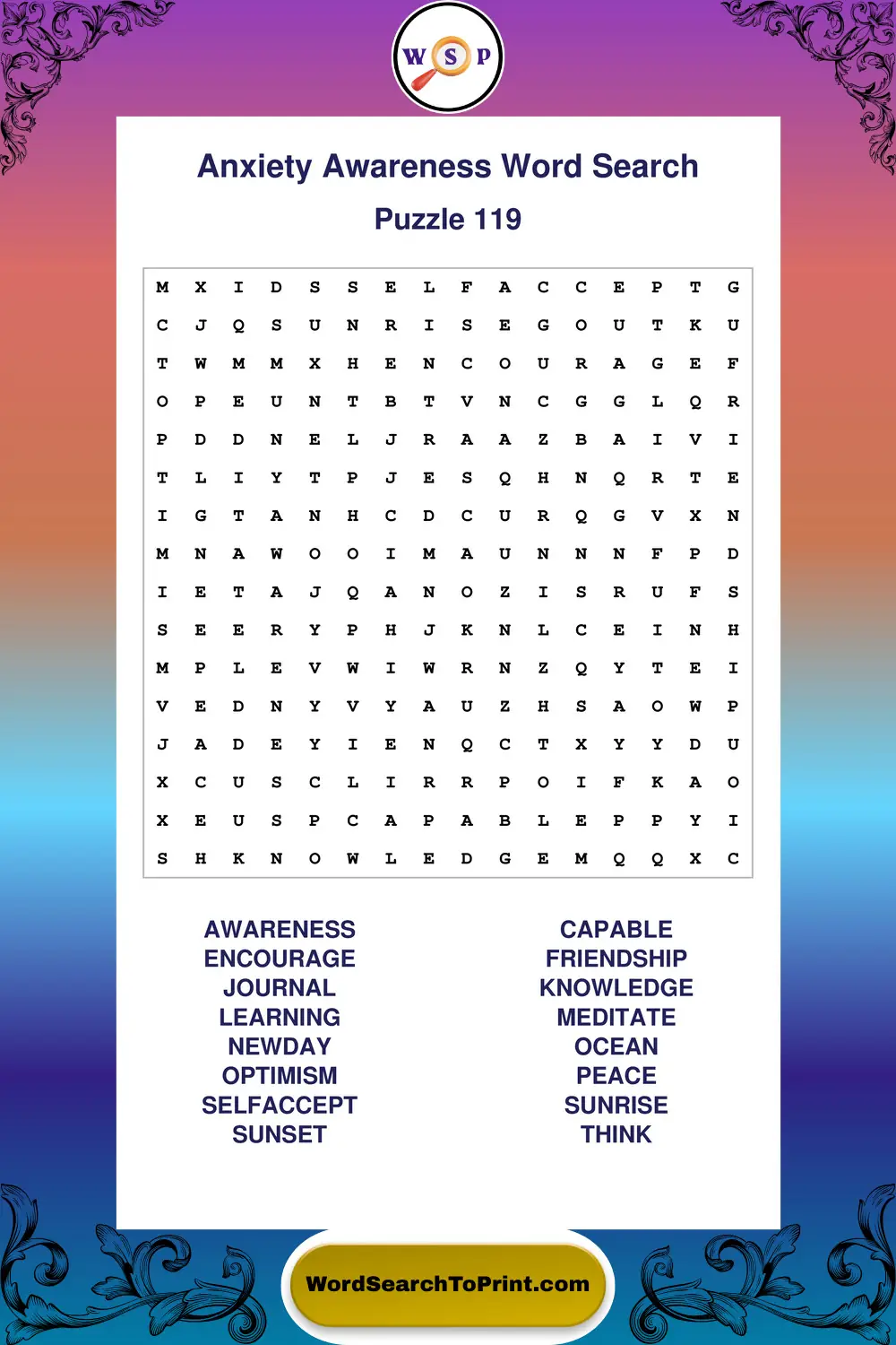 Anxiety Awareness Word Search Puzzle 119