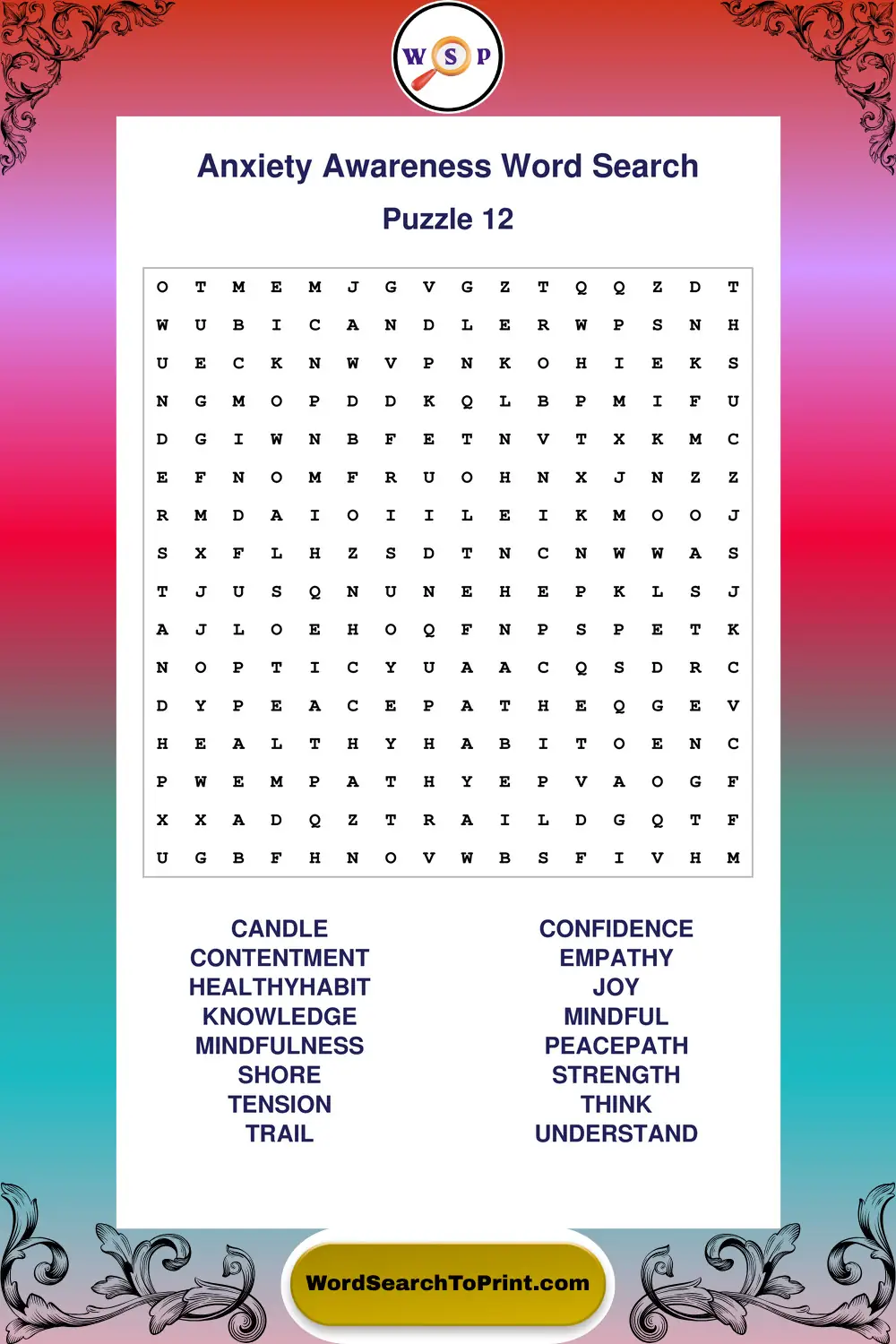 Anxiety Awareness Word Search Puzzle 12