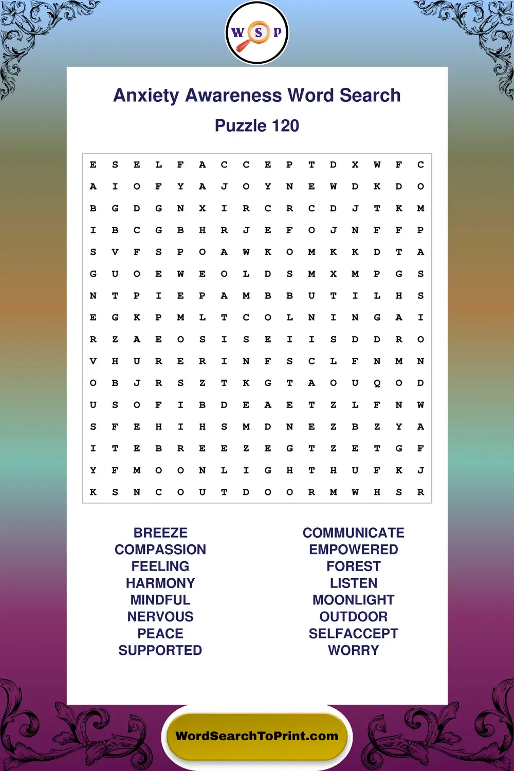 Anxiety Awareness Word Search Puzzle 120