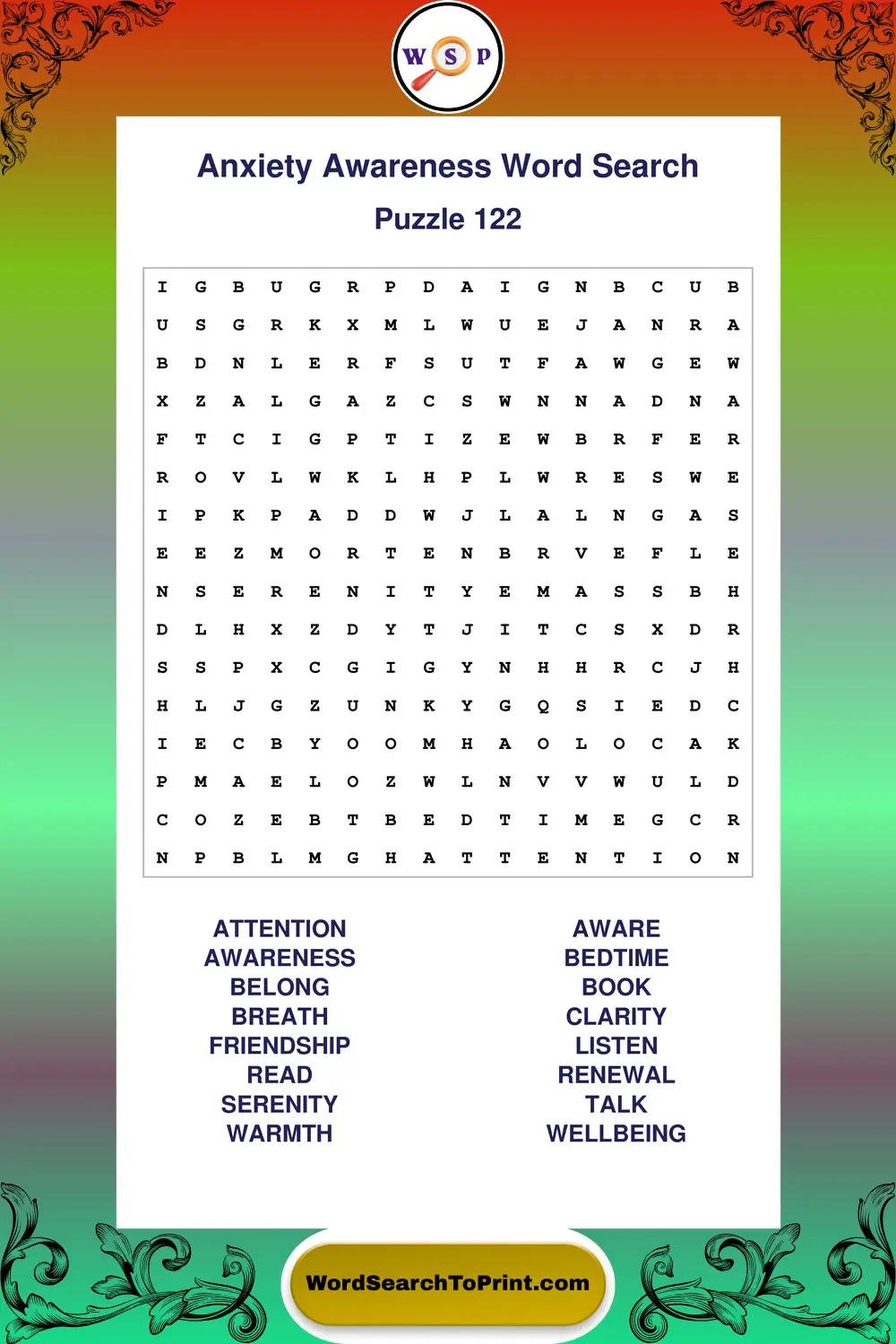 Anxiety Awareness Word Search Puzzle 122