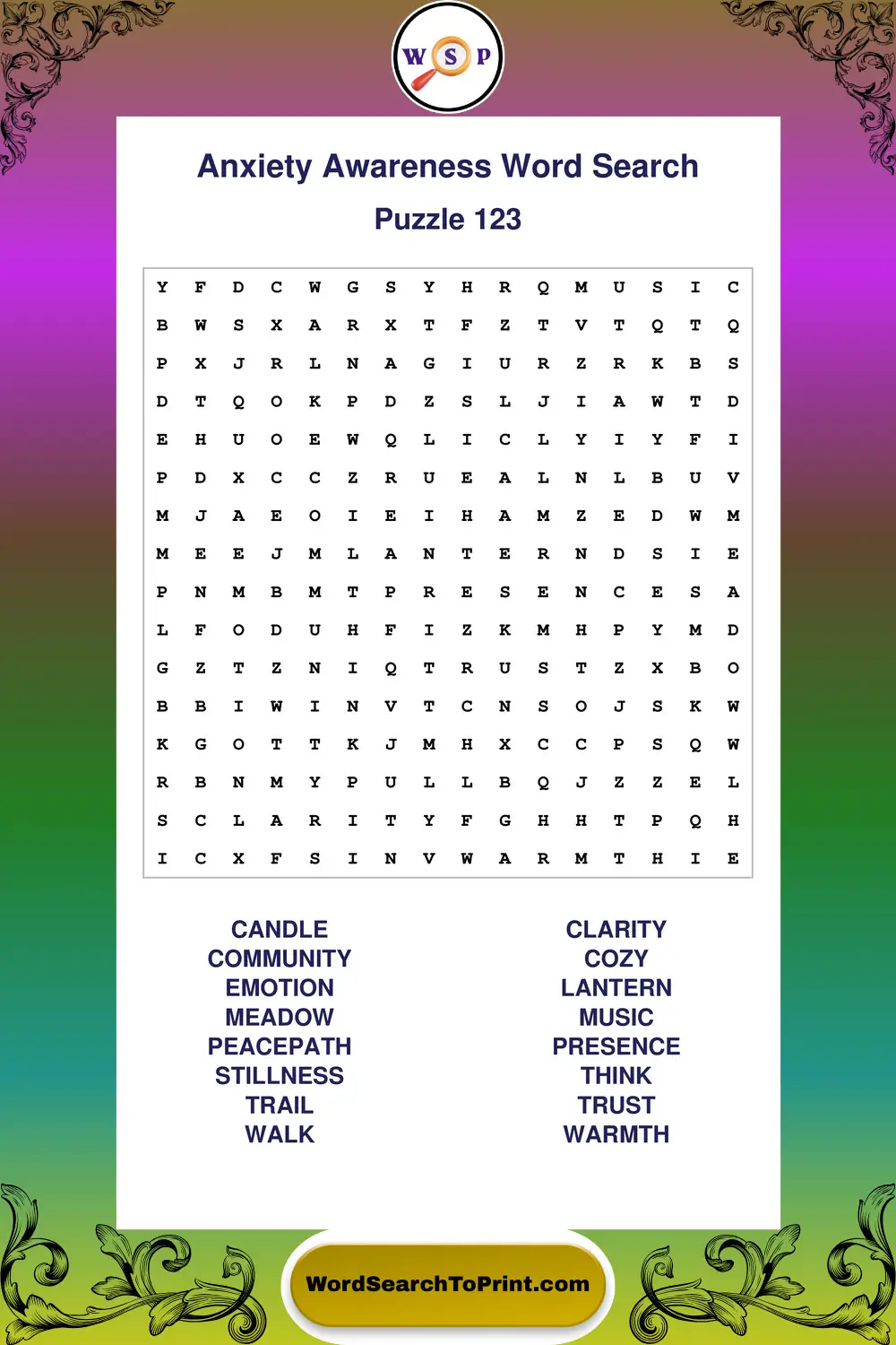 Anxiety Awareness Word Search Puzzle 123