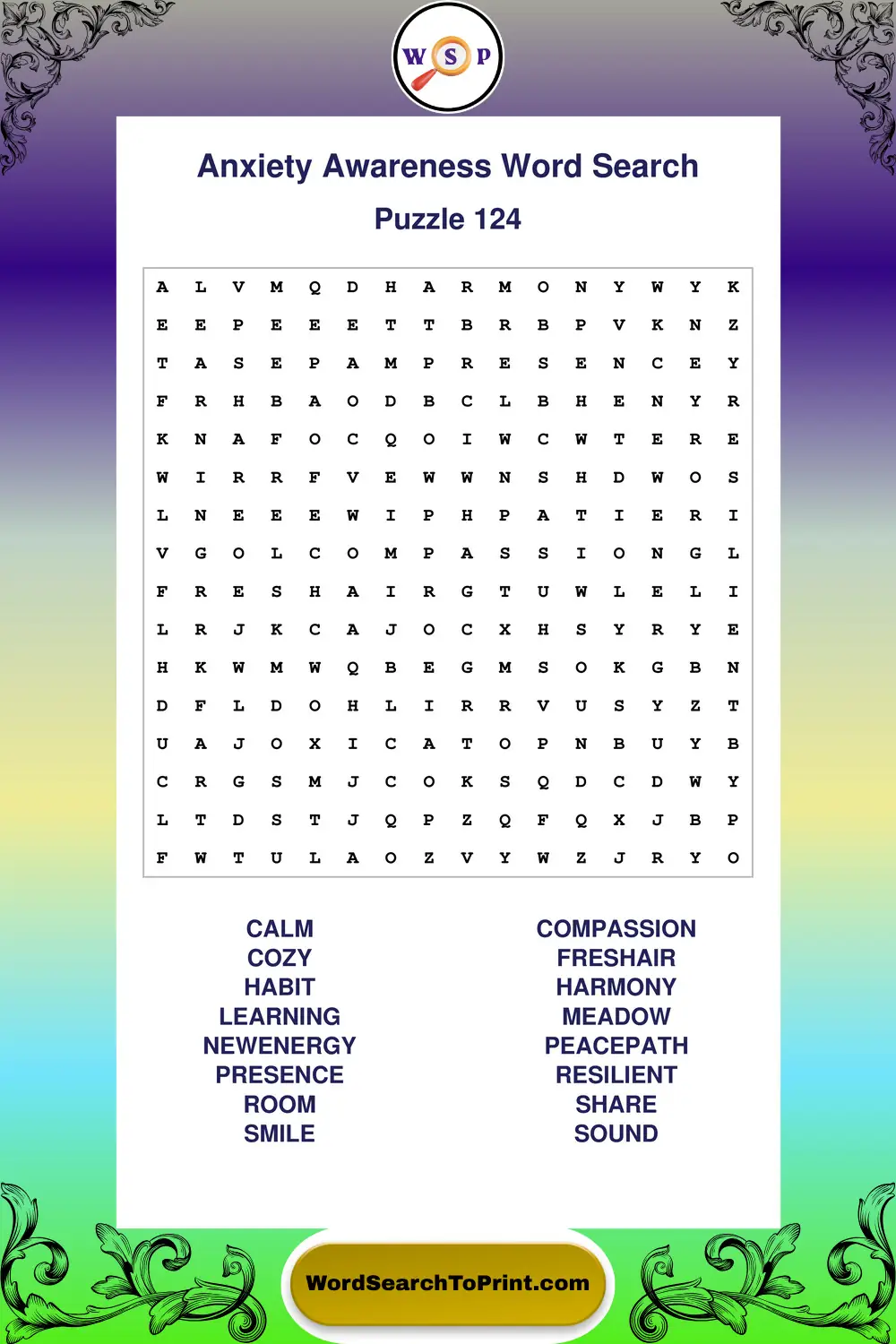 Anxiety Awareness Word Search Puzzle 124