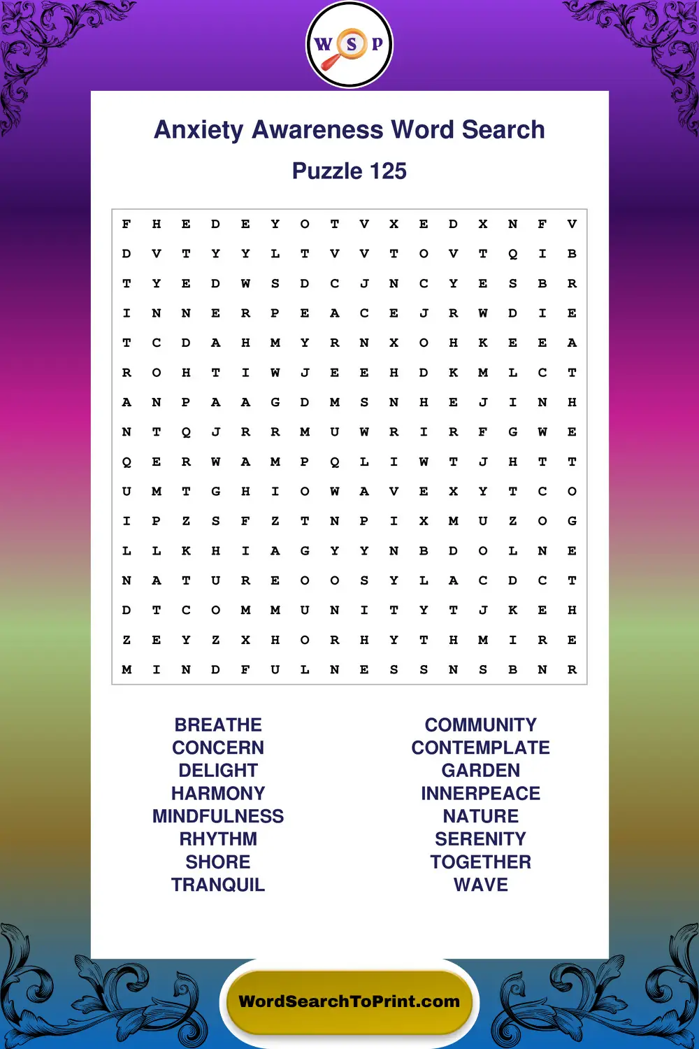 Anxiety Awareness Word Search Puzzle 125