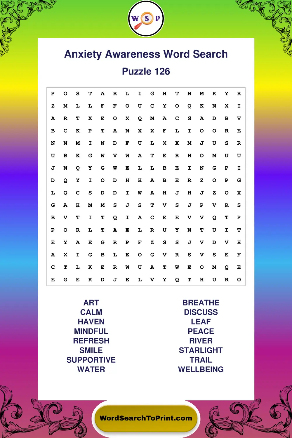 Anxiety Awareness Word Search Puzzle 126