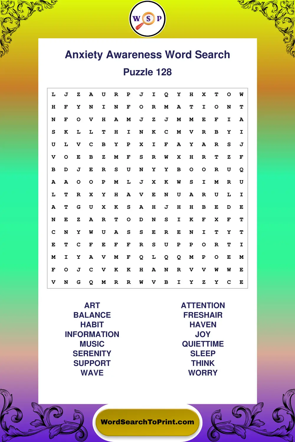 Anxiety Awareness Word Search Puzzle 128
