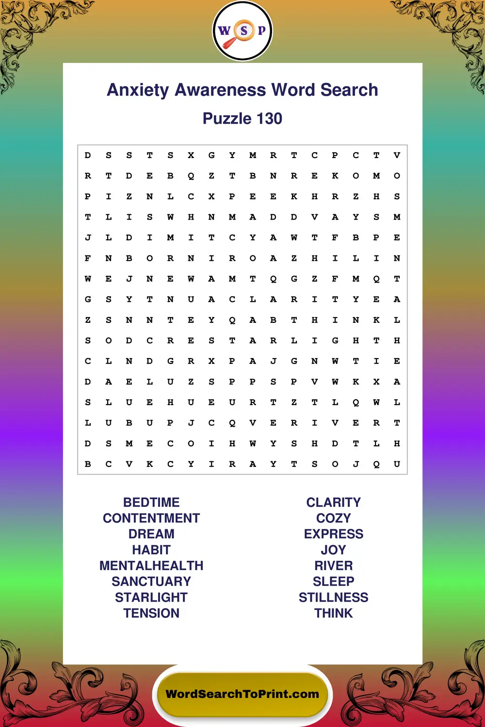 Anxiety Awareness Word Search Puzzle 130