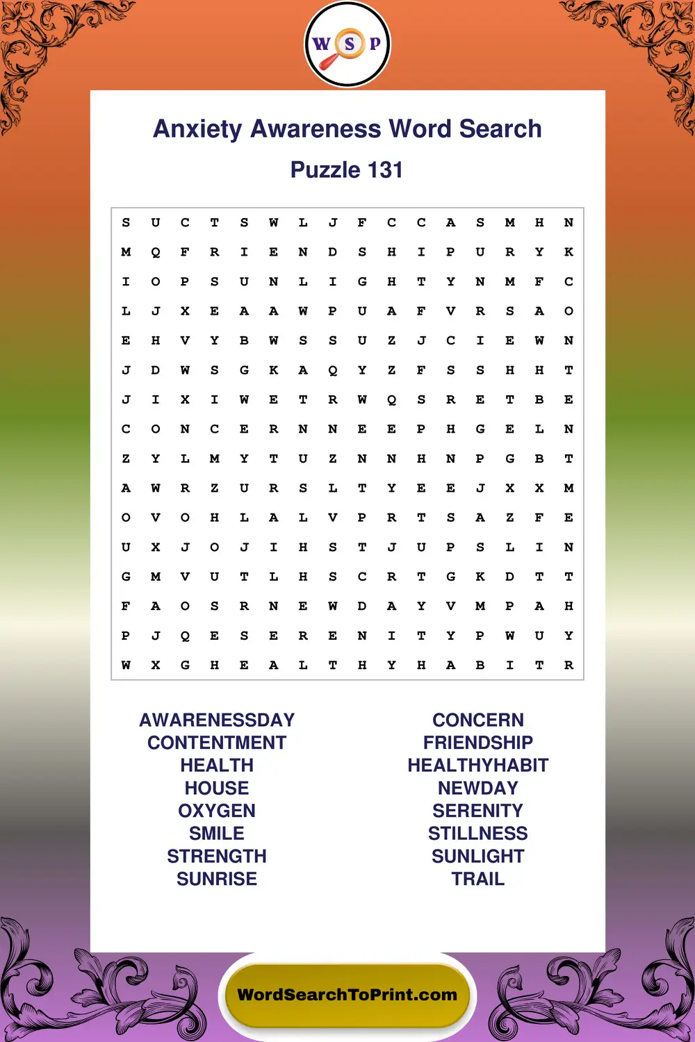 Anxiety Awareness Word Search Puzzle 131
