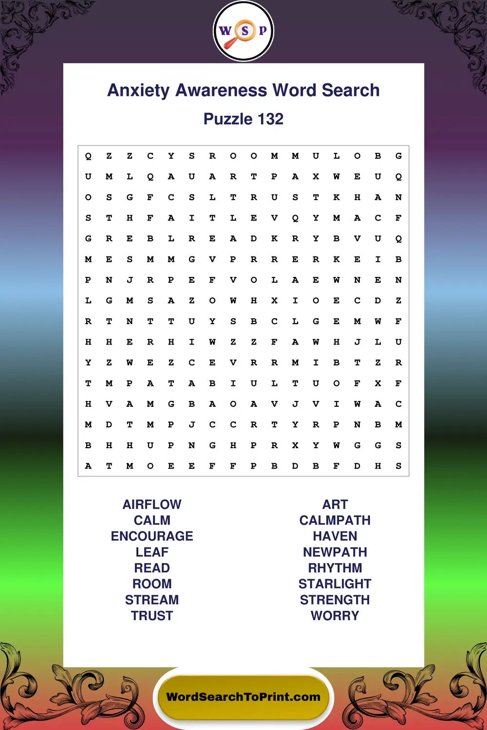 Anxiety Awareness Word Search Puzzle 132