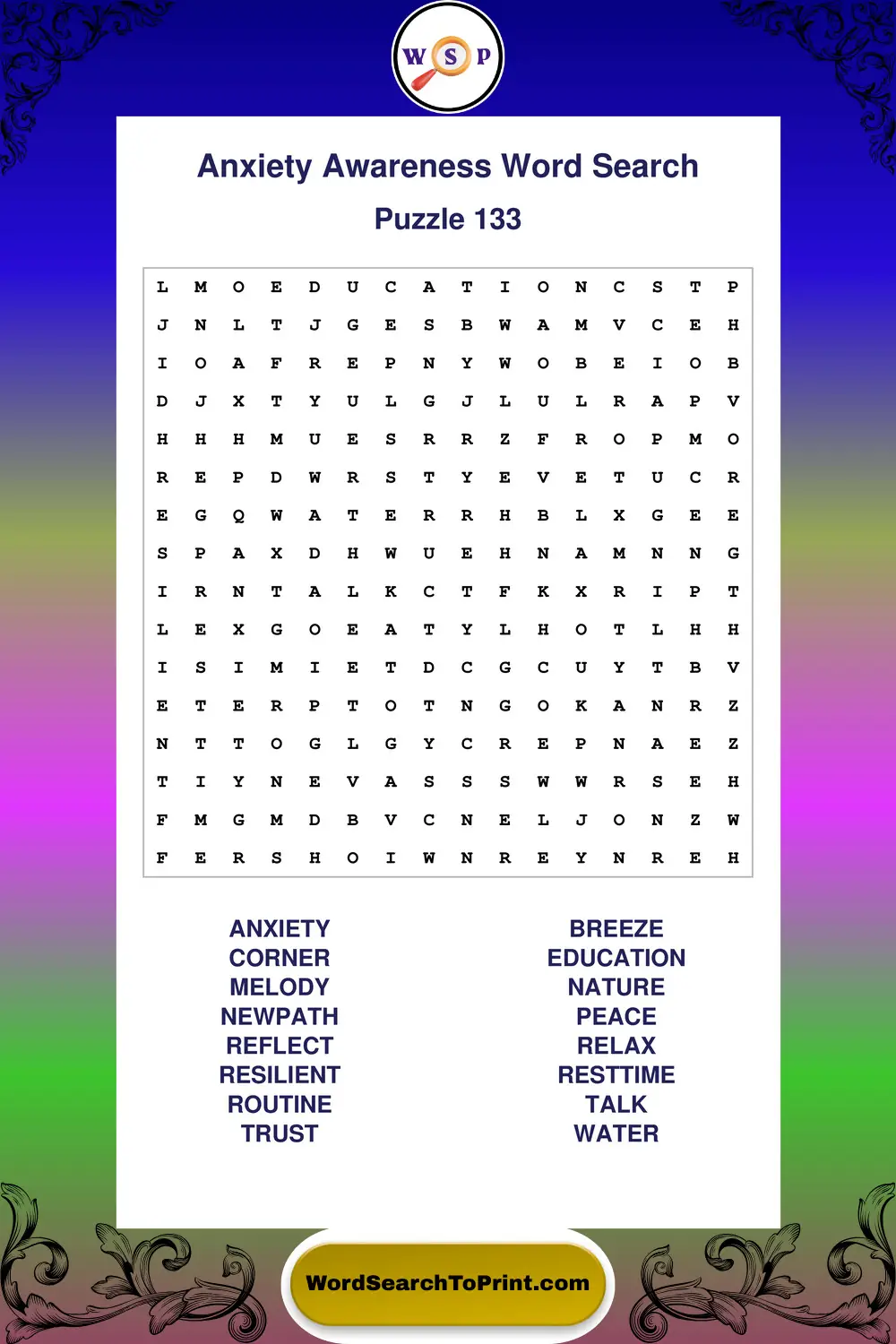 Anxiety Awareness Word Search Puzzle 133