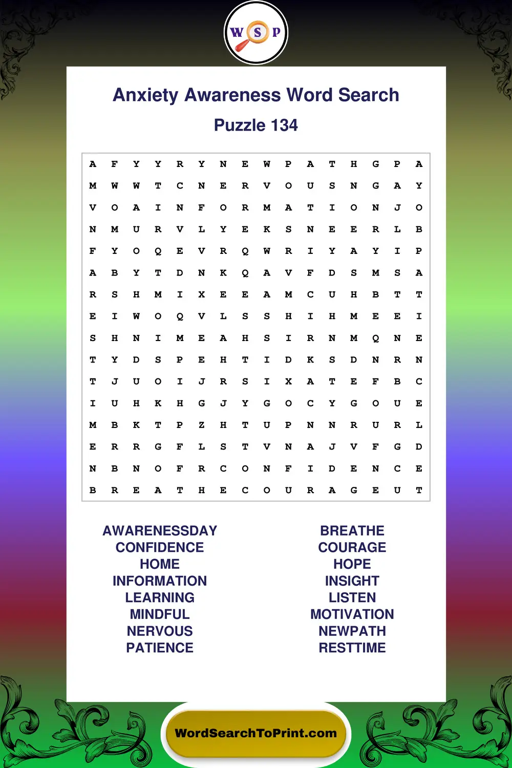 Anxiety Awareness Word Search Puzzle 134