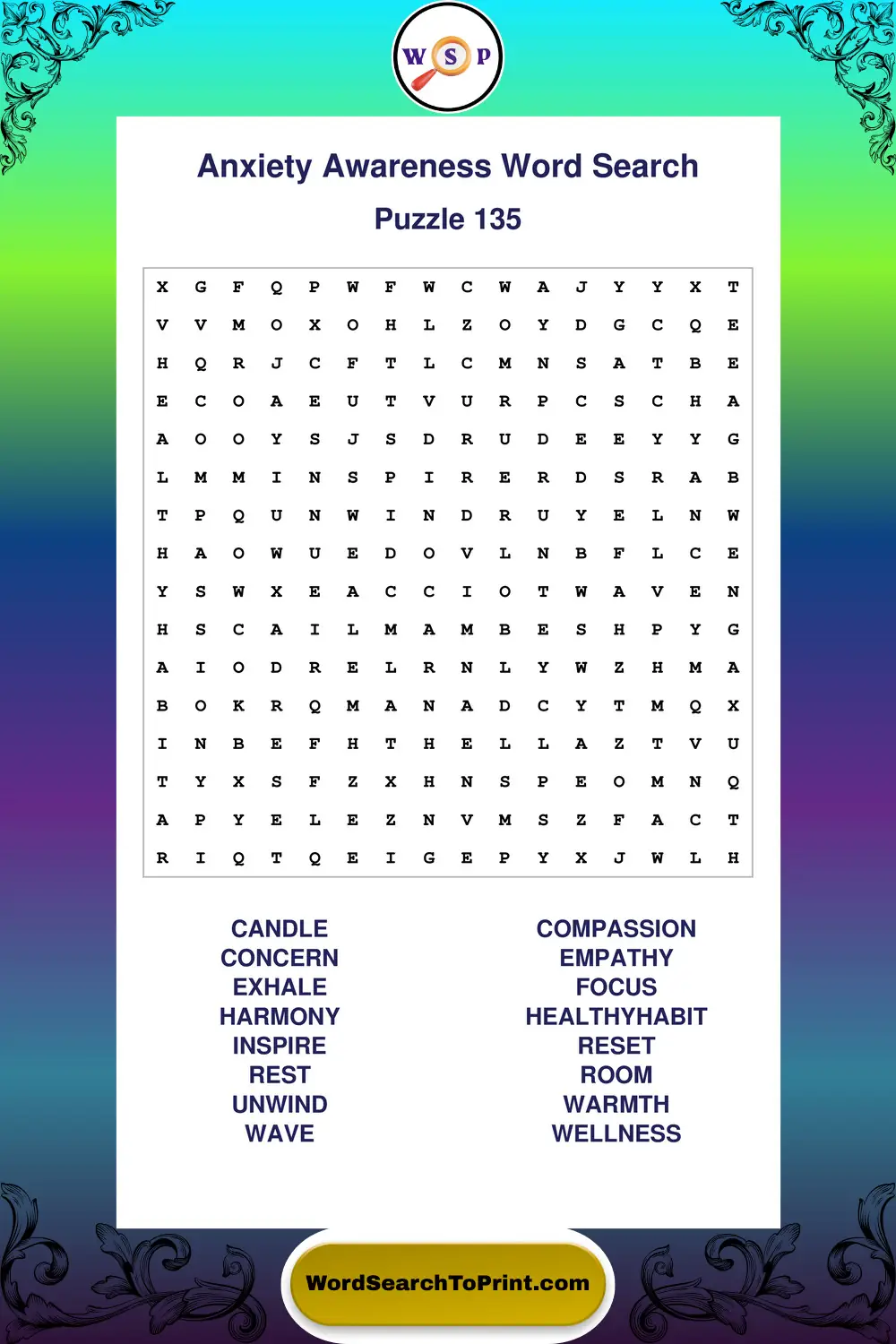 Anxiety Awareness Word Search Puzzle 135