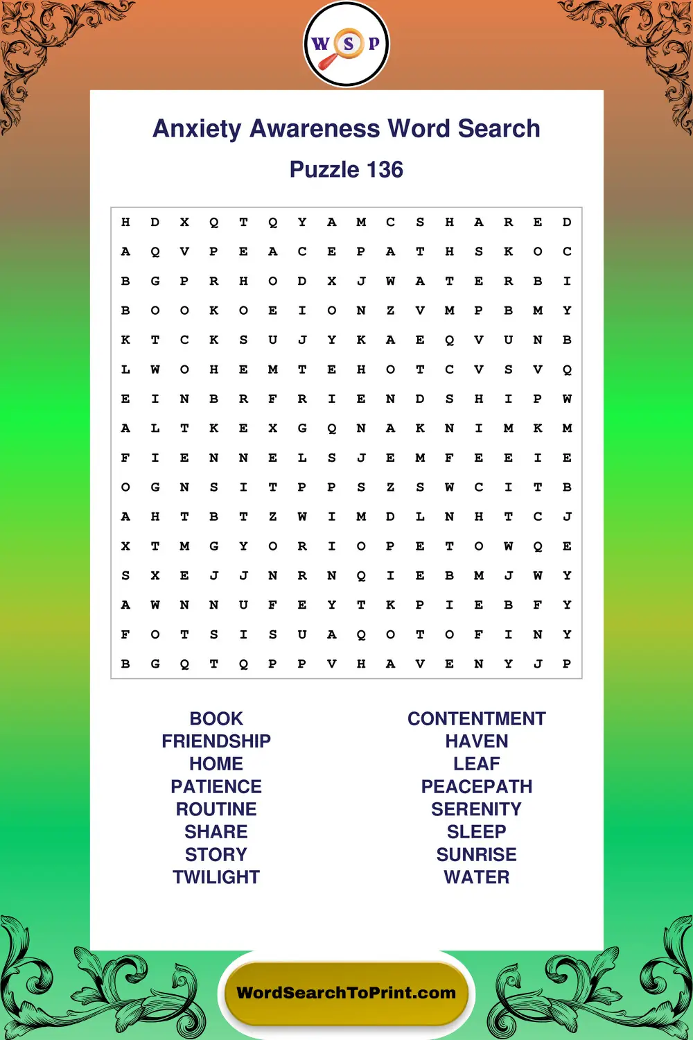 Anxiety Awareness Word Search Puzzle 136