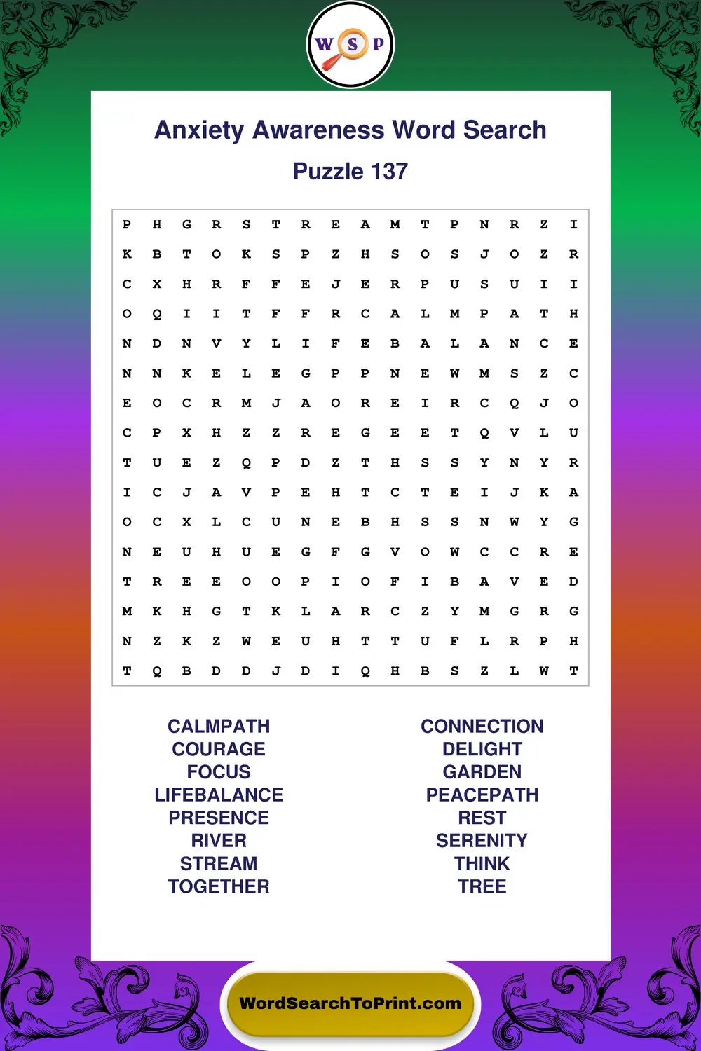 Anxiety Awareness Word Search Puzzle 137