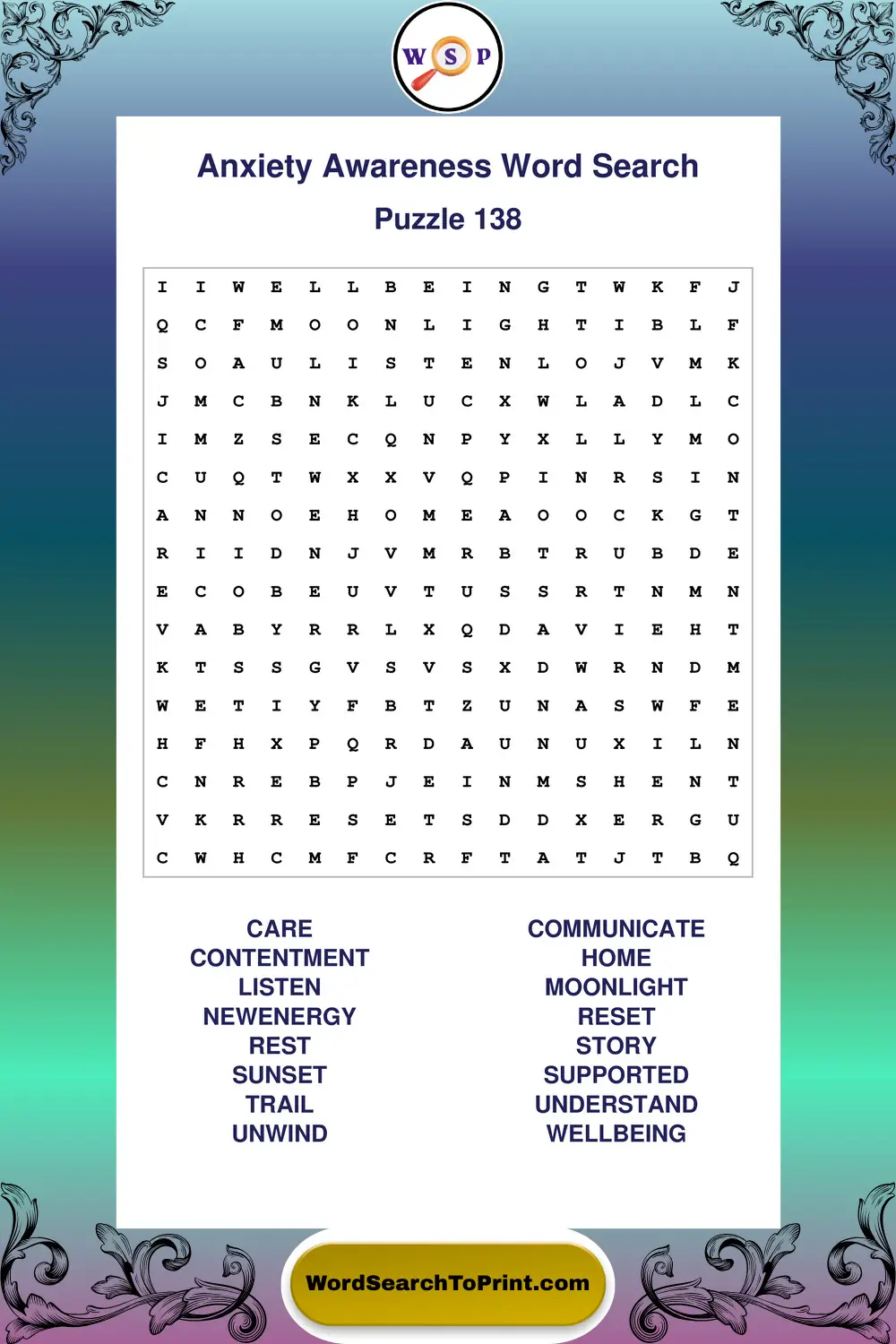 Anxiety Awareness Word Search Puzzle 138