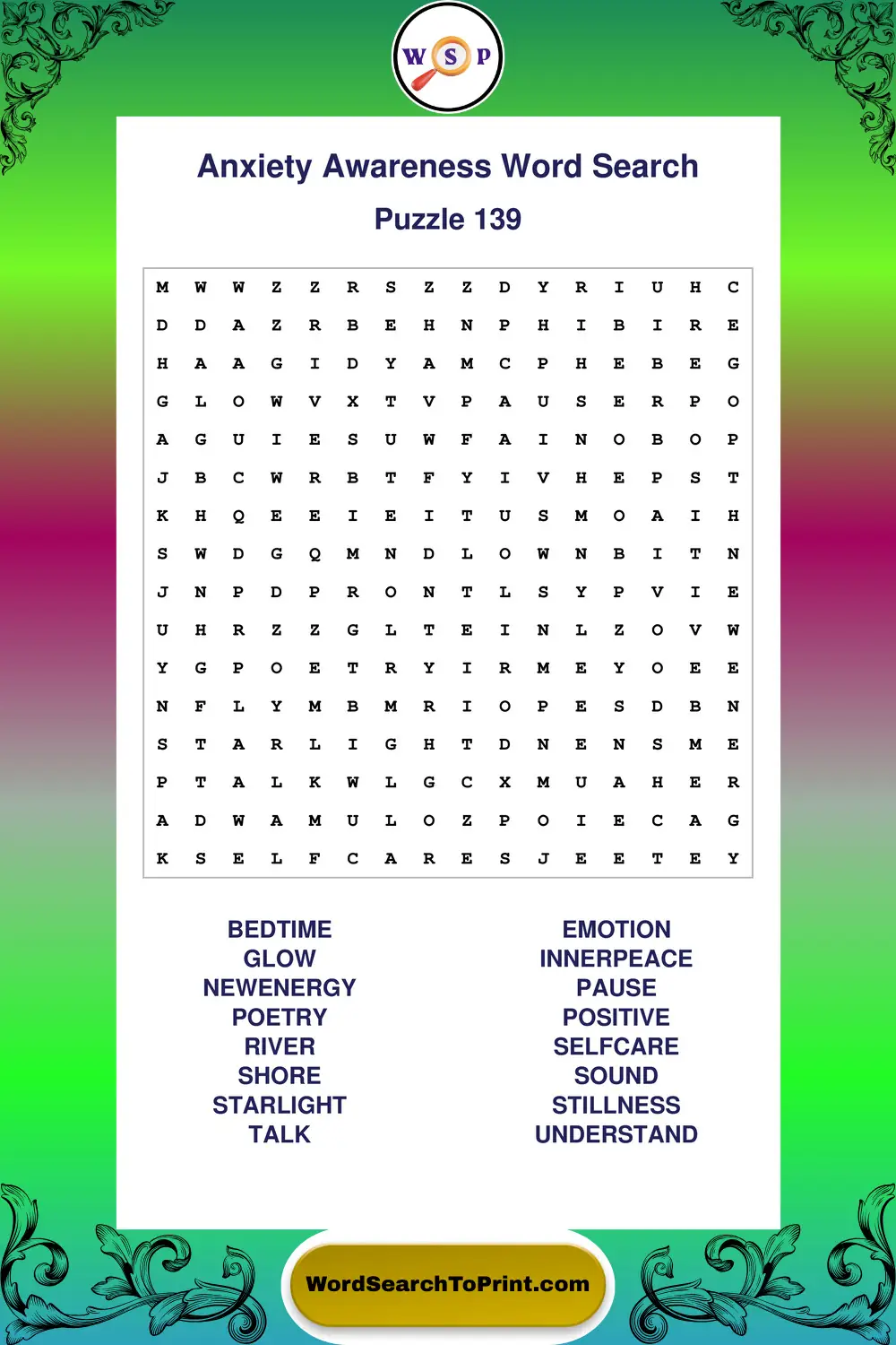 Anxiety Awareness Word Search Puzzle 139