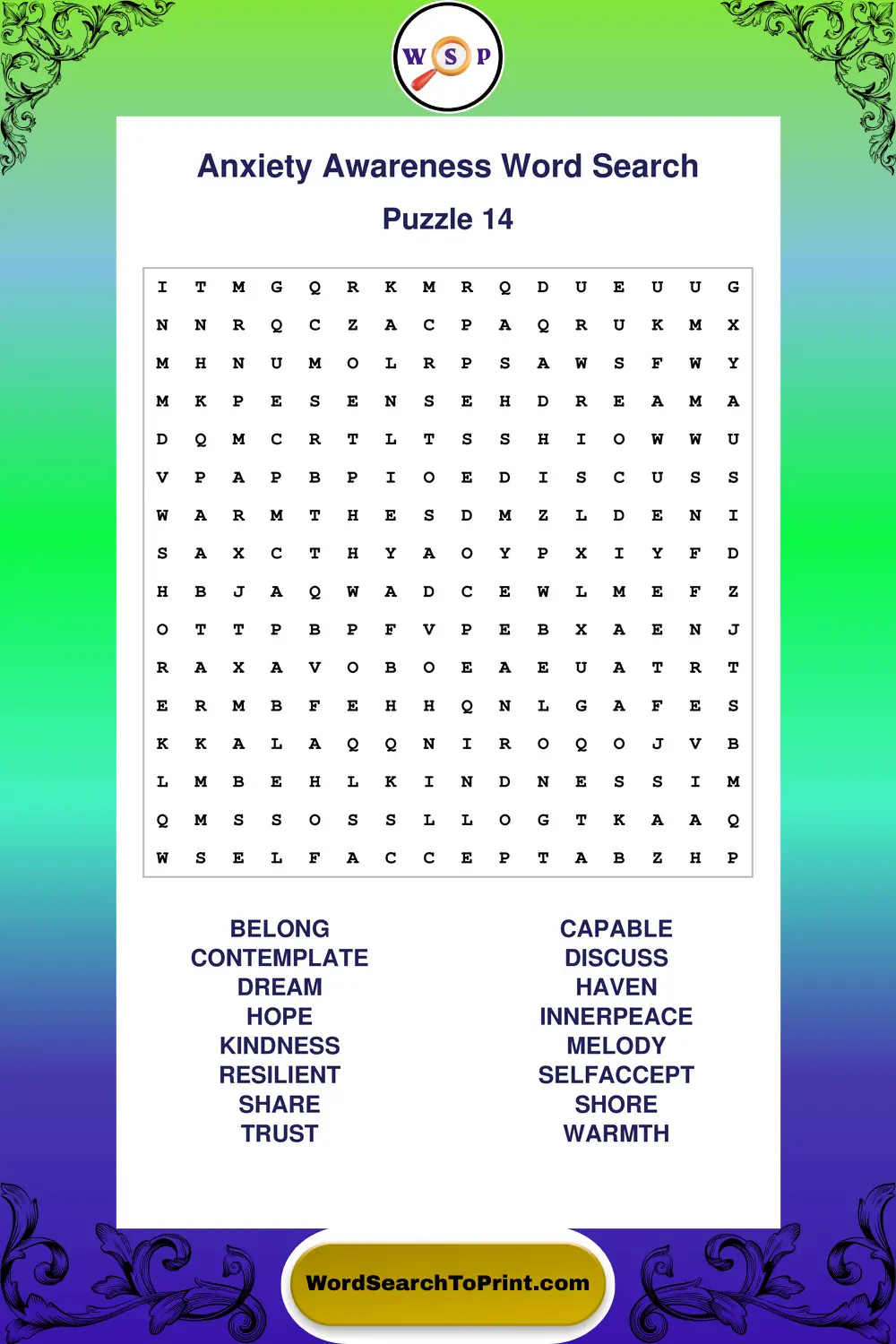 Anxiety Awareness Word Search Puzzle 14