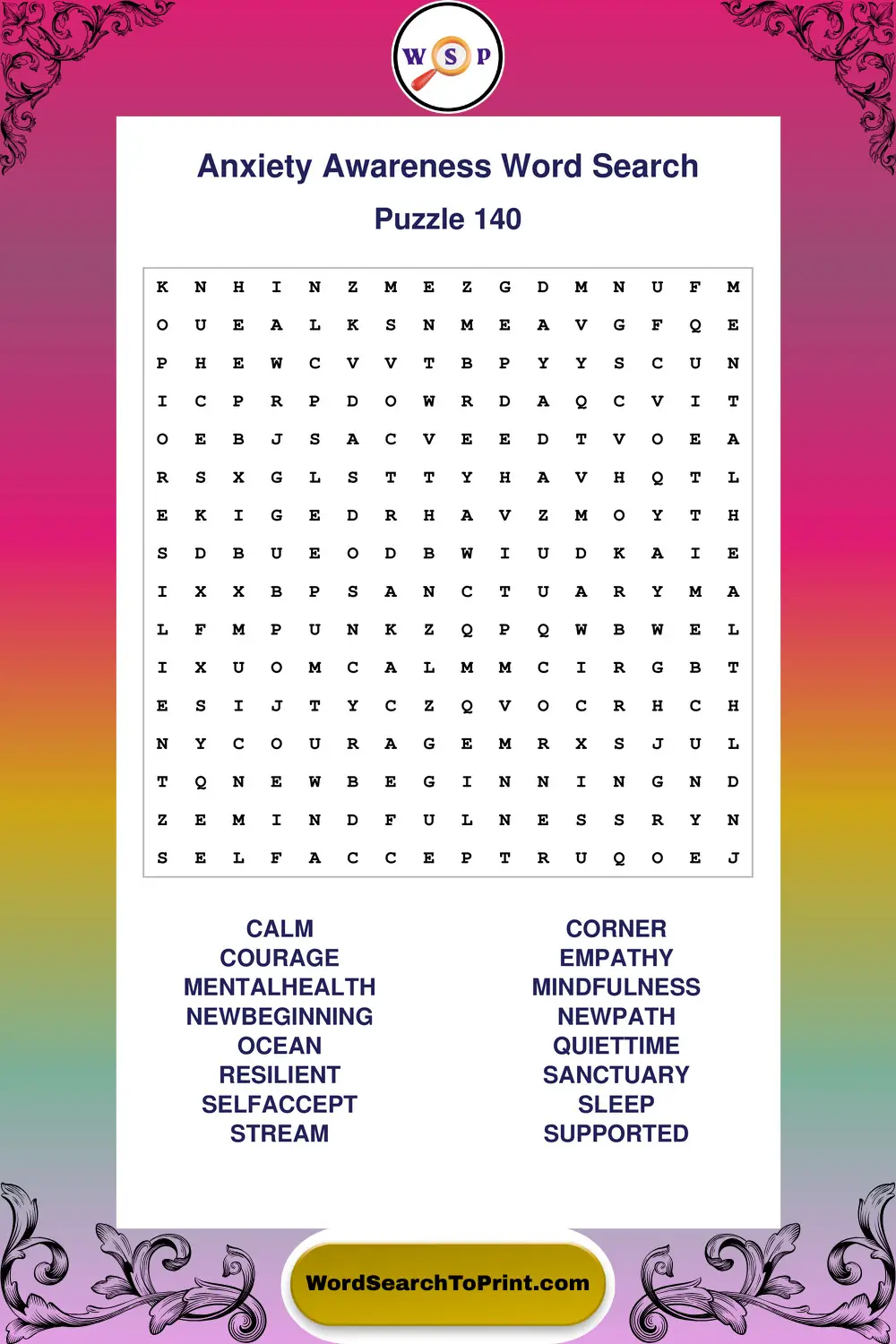 Anxiety Awareness Word Search Puzzle 140