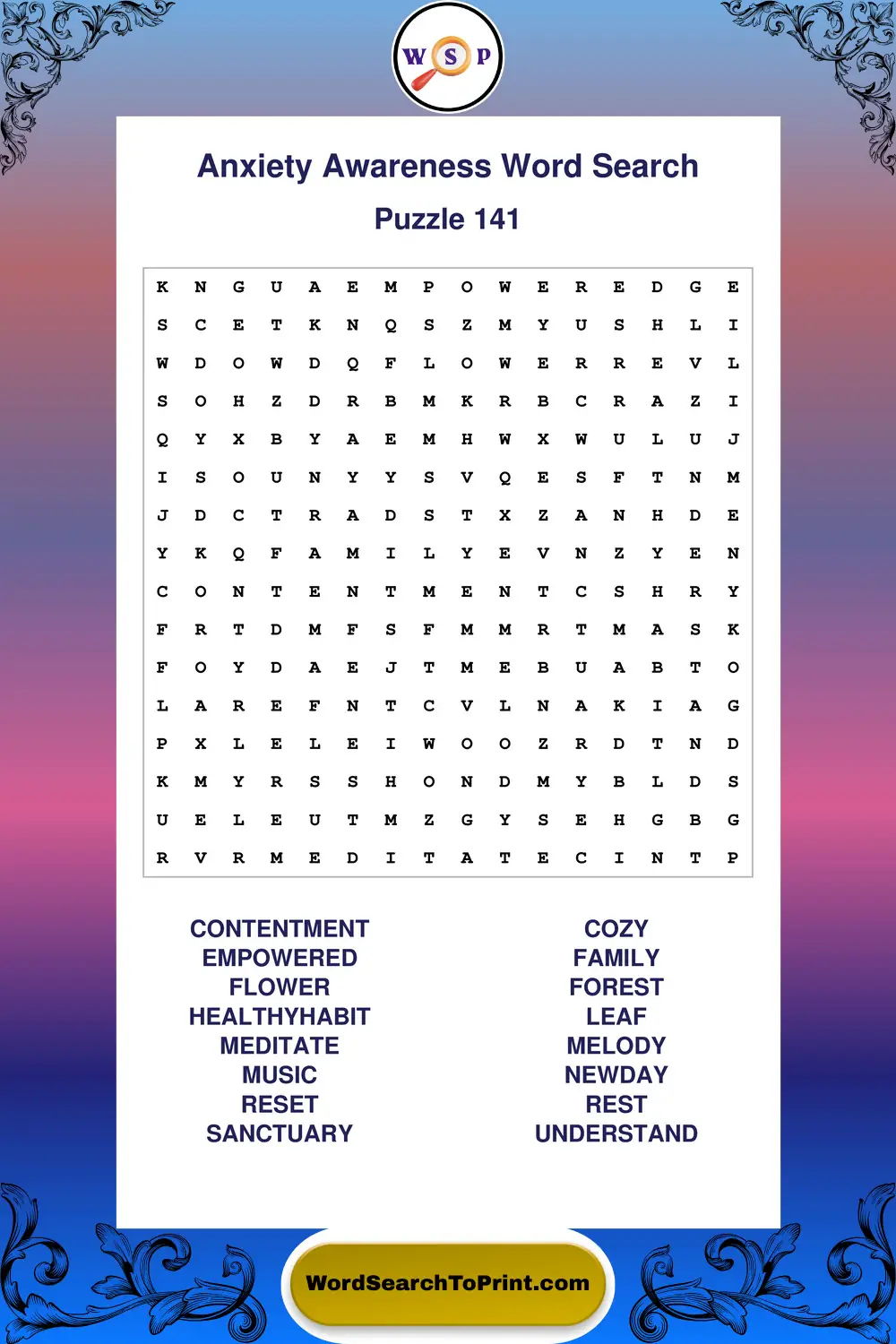 Anxiety Awareness Word Search Puzzle 141