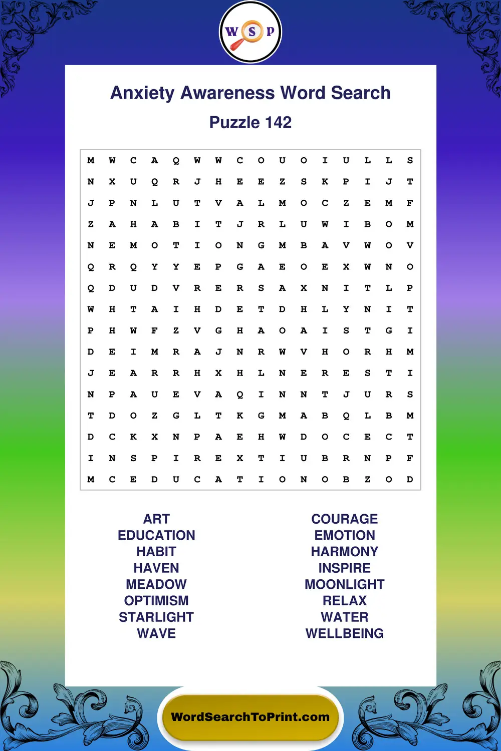 Anxiety Awareness Word Search Puzzle 142