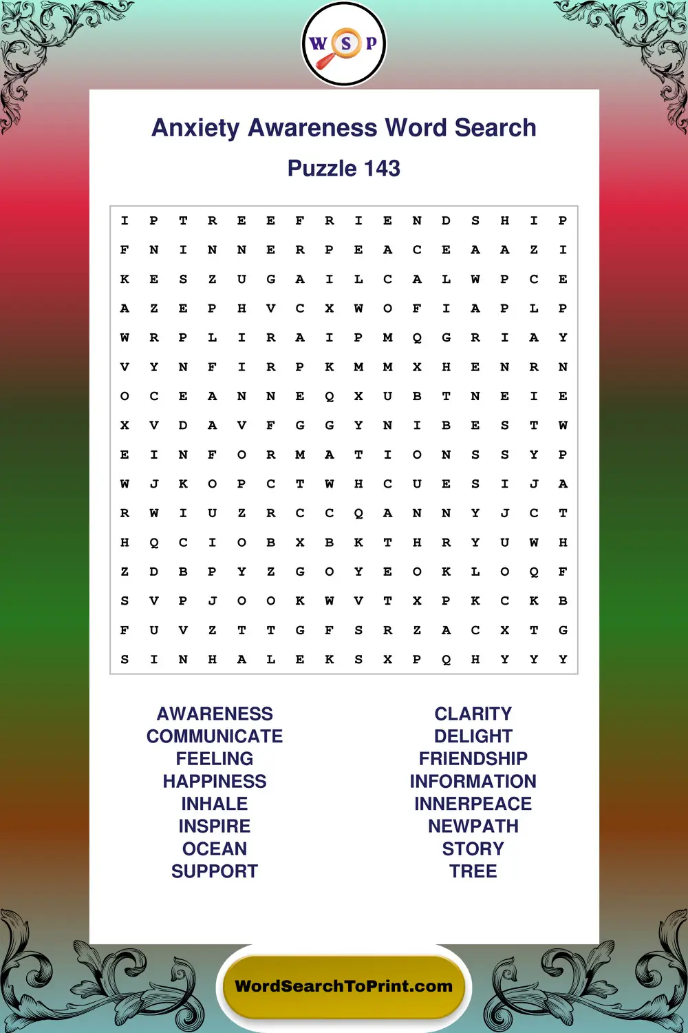 Anxiety Awareness Word Search Puzzle 143