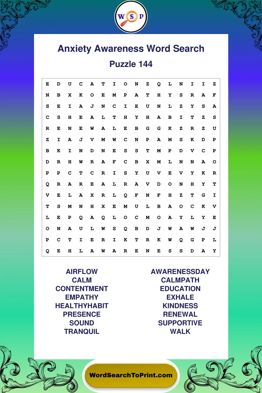 Anxiety Awareness Word Search Puzzle 144