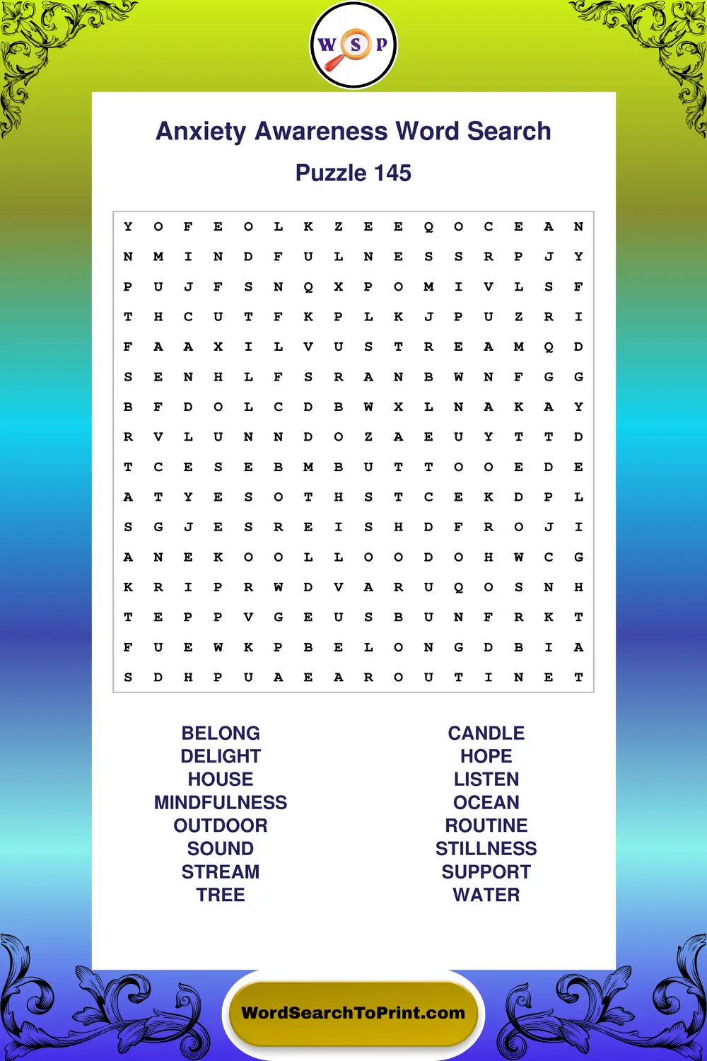Anxiety Awareness Word Search Puzzle 145