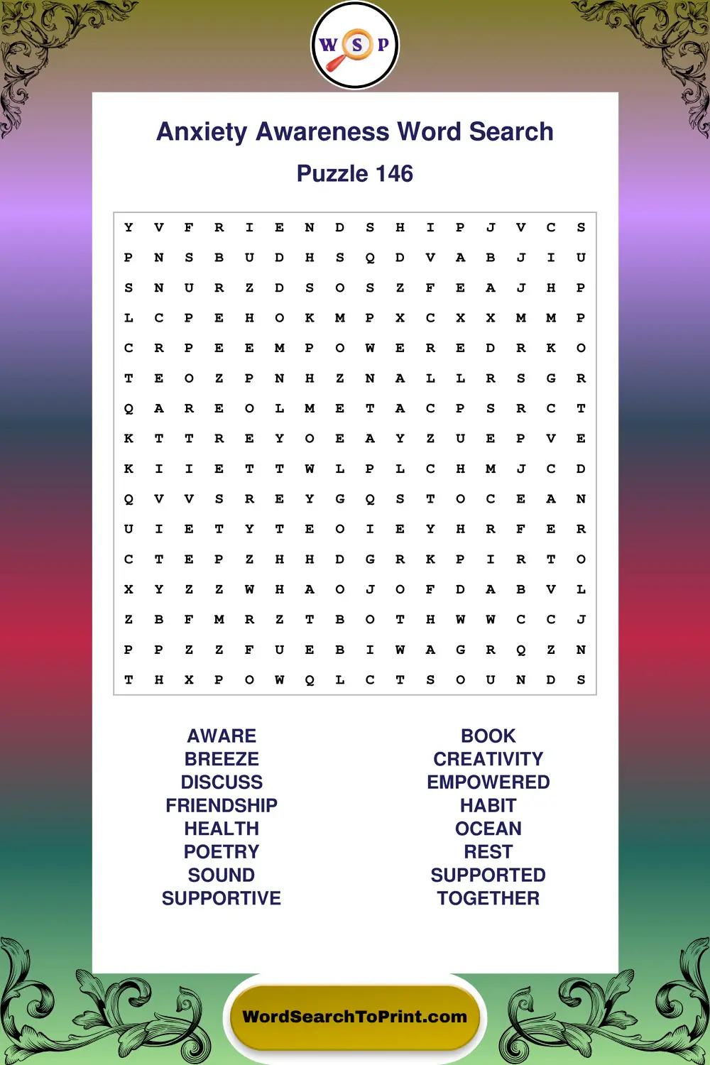 Anxiety Awareness Word Search Puzzle 146
