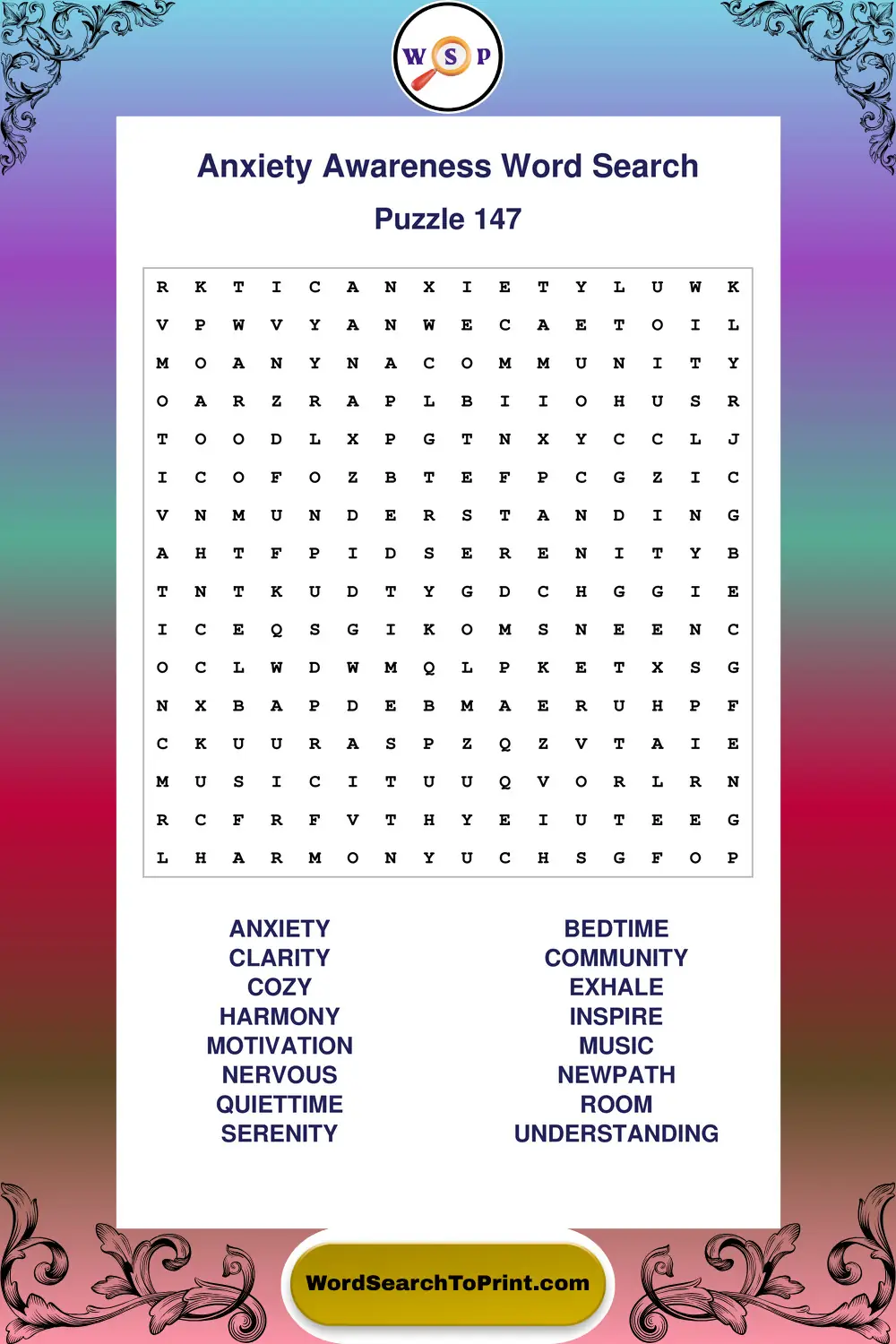 Anxiety Awareness Word Search Puzzle 147