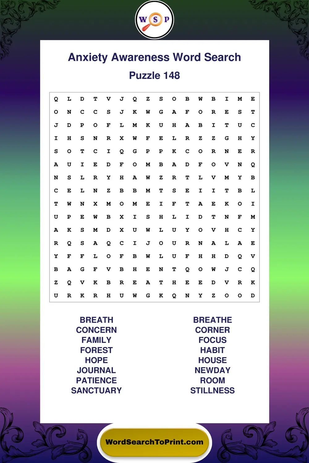 Anxiety Awareness Word Search Puzzle 148