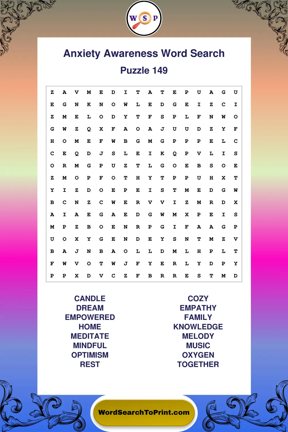 Anxiety Awareness Word Search Puzzle 149