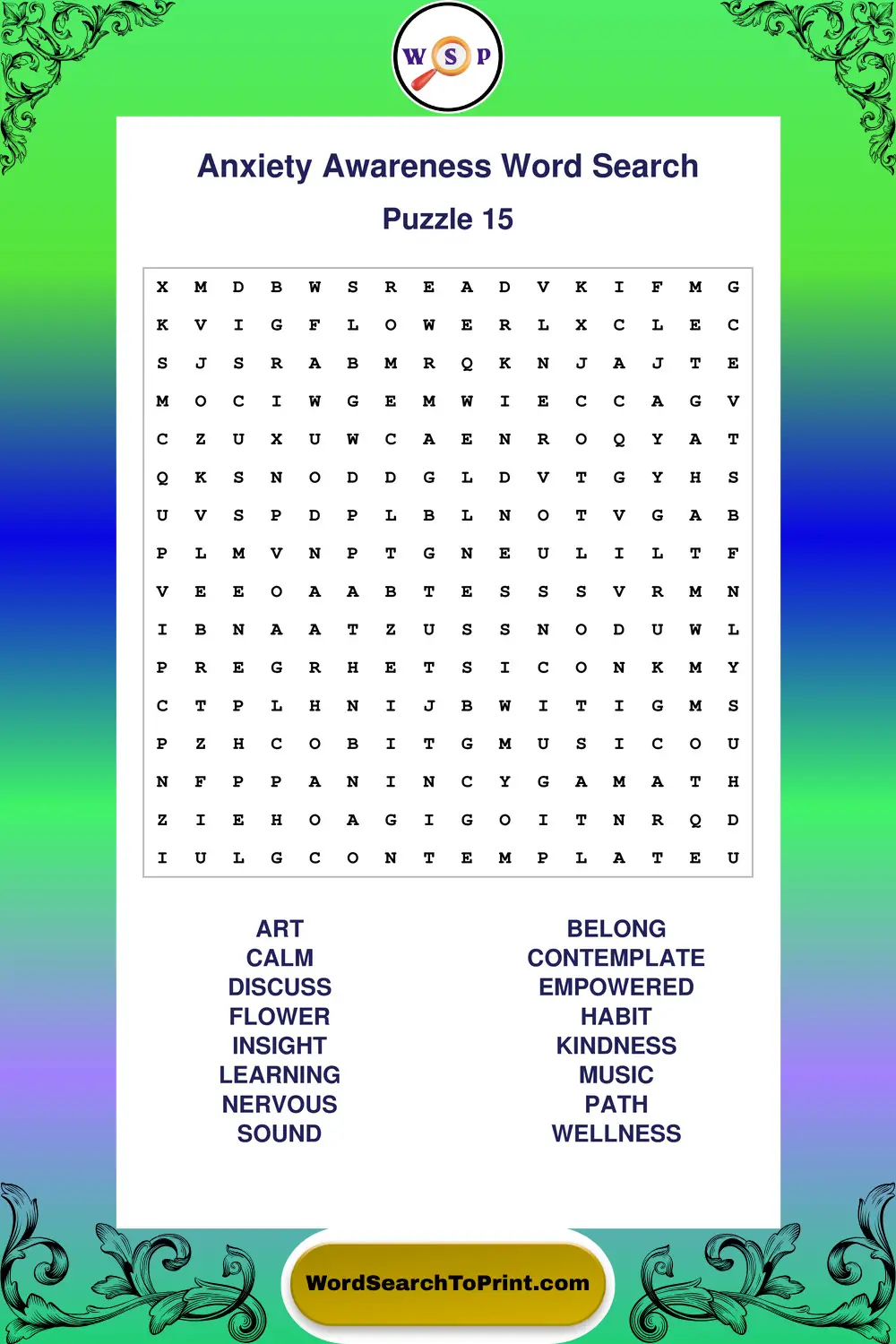 Anxiety Awareness Word Search Puzzle 15