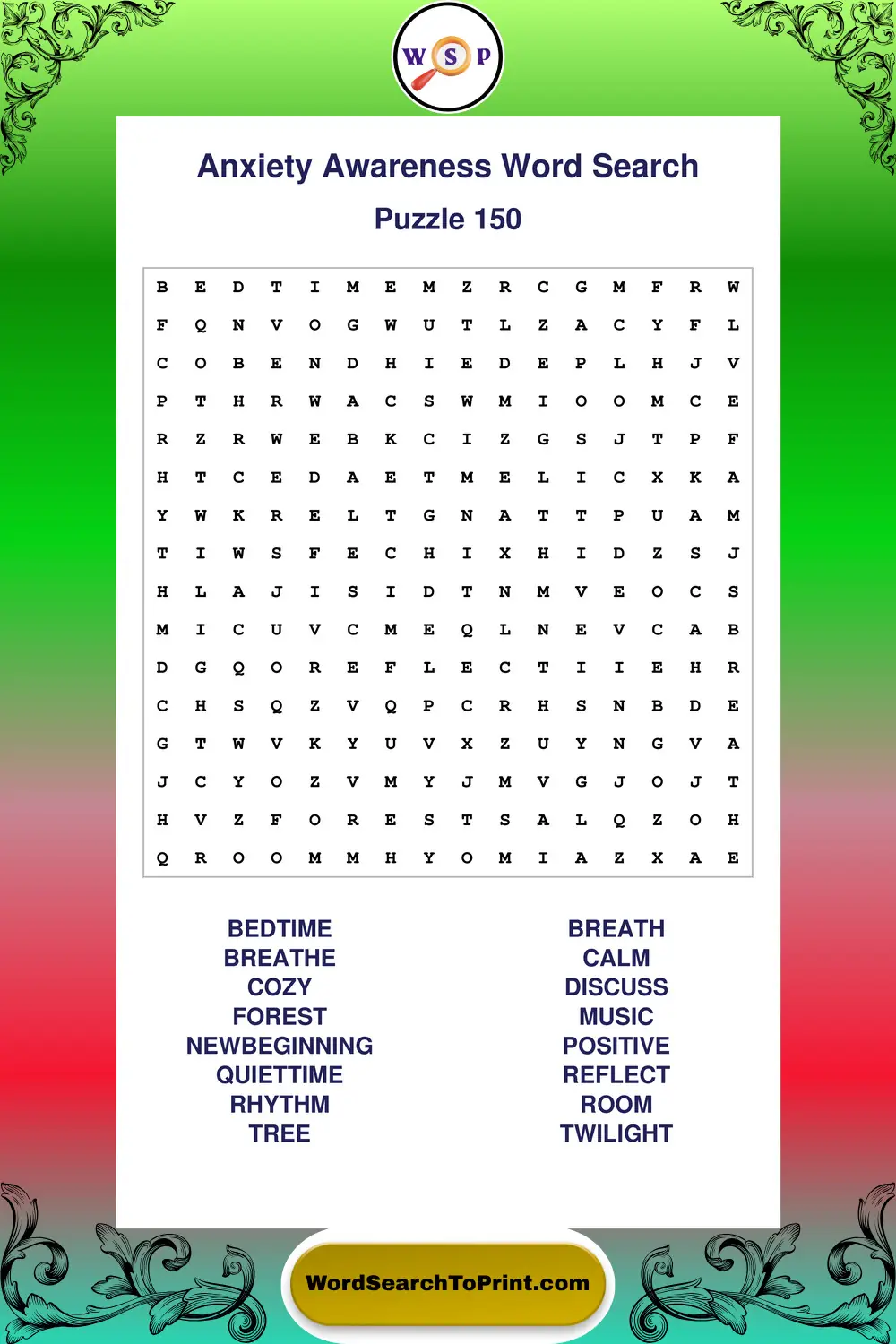 Anxiety Awareness Word Search Puzzle 150