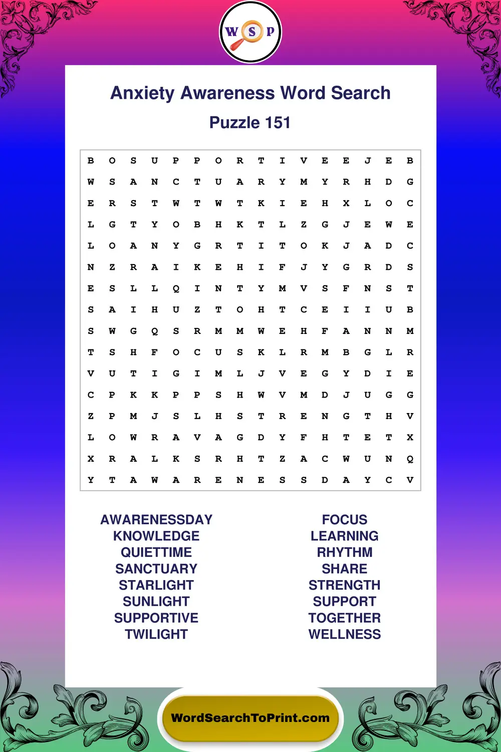 Anxiety Awareness Word Search Puzzle 151