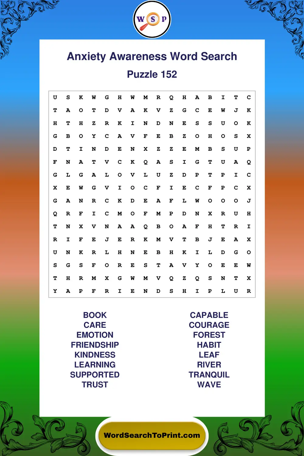 Anxiety Awareness Word Search Puzzle 152