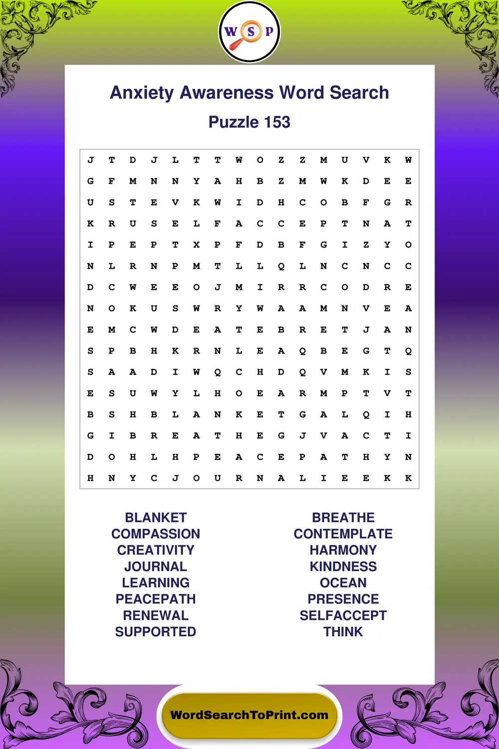 Anxiety Awareness Word Search Puzzle 153