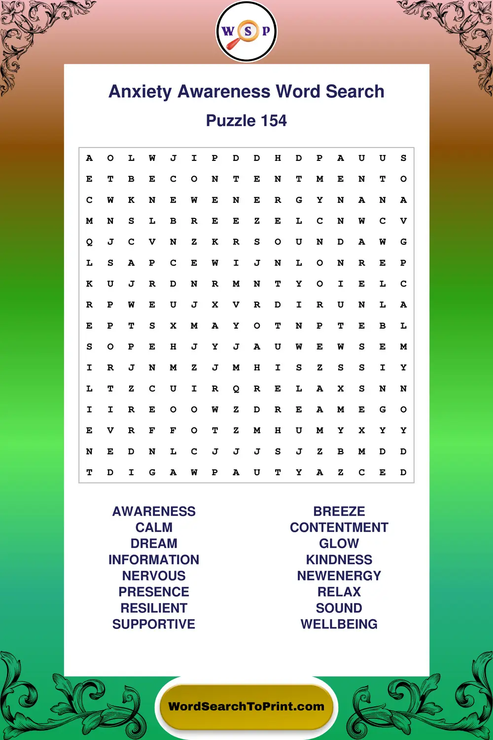 Anxiety Awareness Word Search Puzzle 154