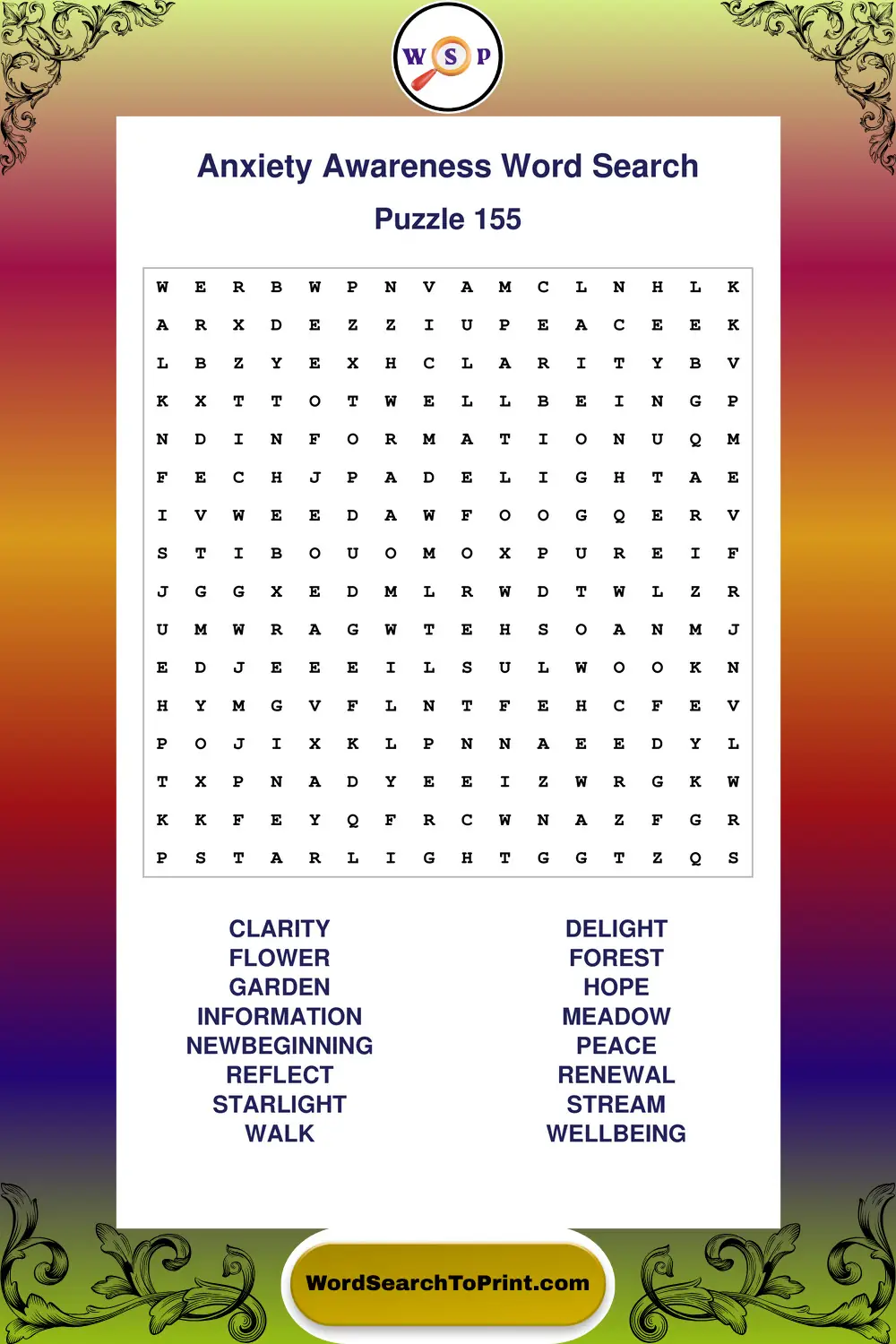 Anxiety Awareness Word Search Puzzle 155