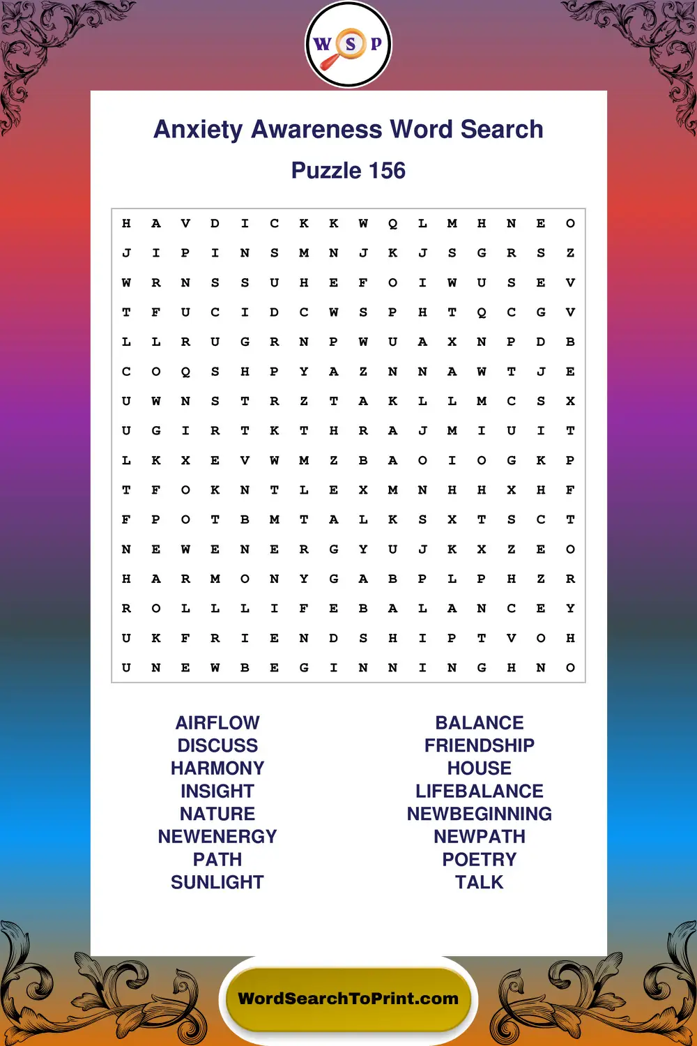 Anxiety Awareness Word Search Puzzle 156