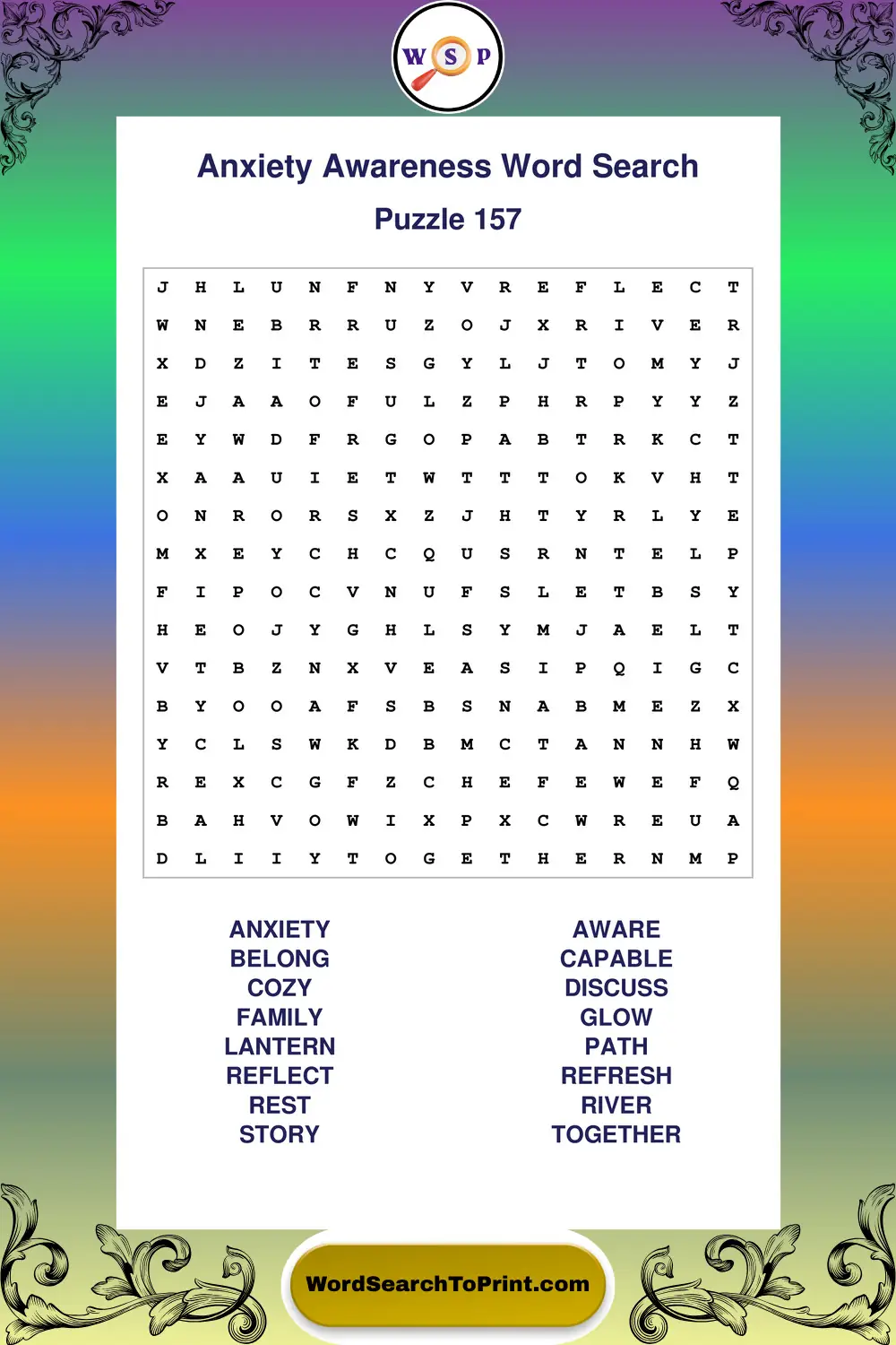 Anxiety Awareness Word Search Puzzle 157