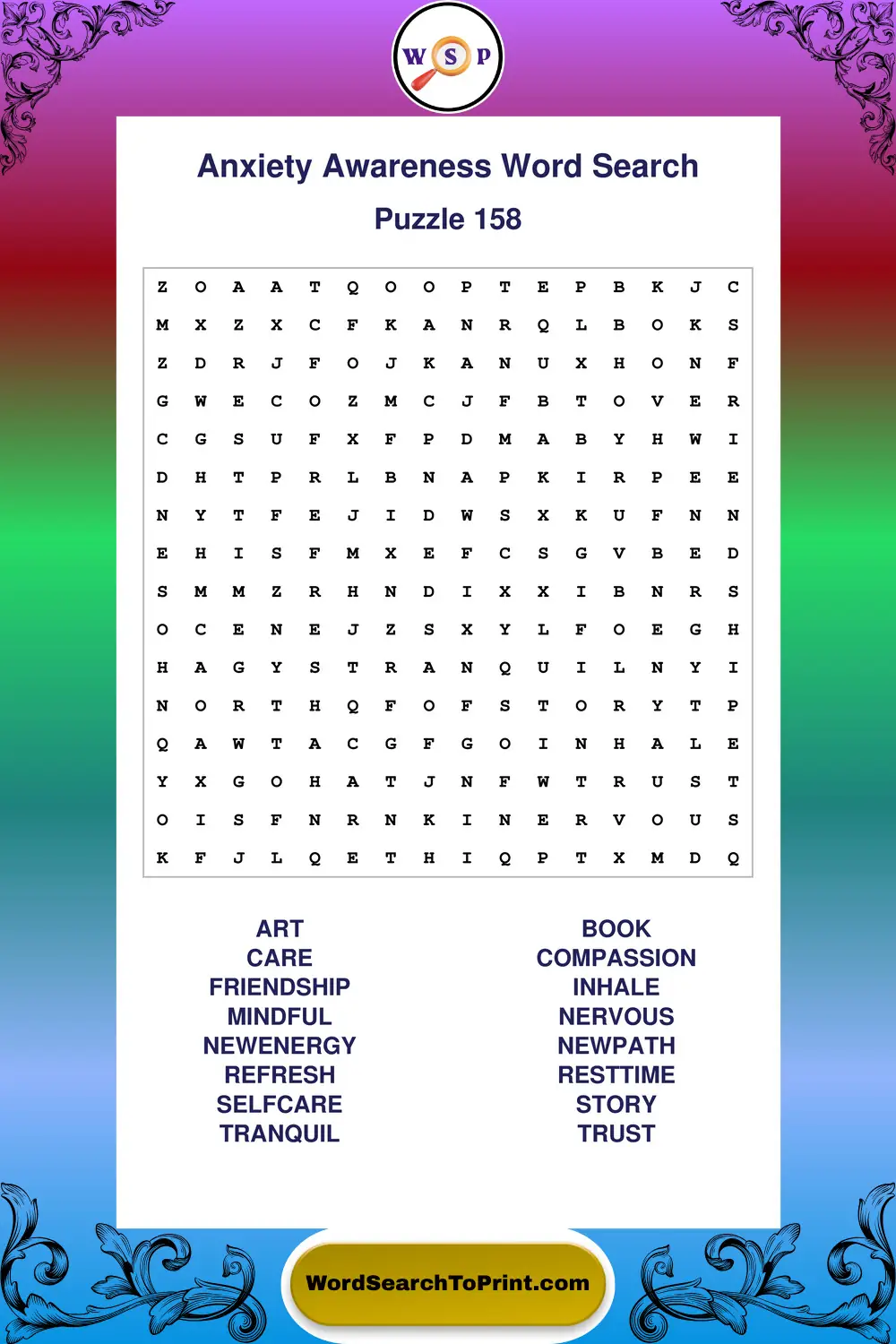Anxiety Awareness Word Search Puzzle 158