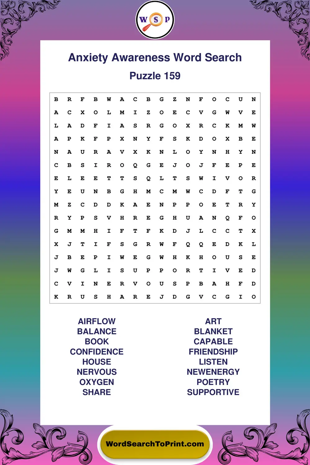 Anxiety Awareness Word Search Puzzle 159